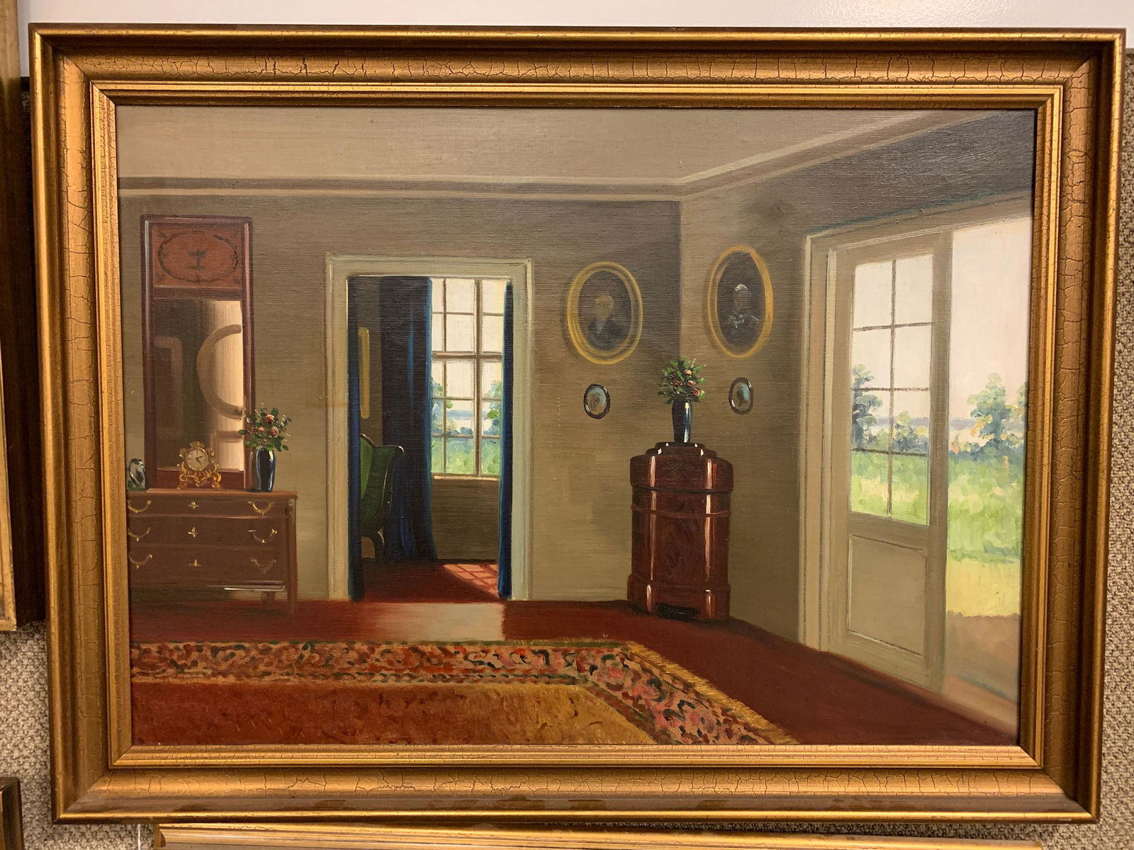 OIL ON CANVAS INTERIOR SCENE WITH BLUE DRAPES. (1 of 1)