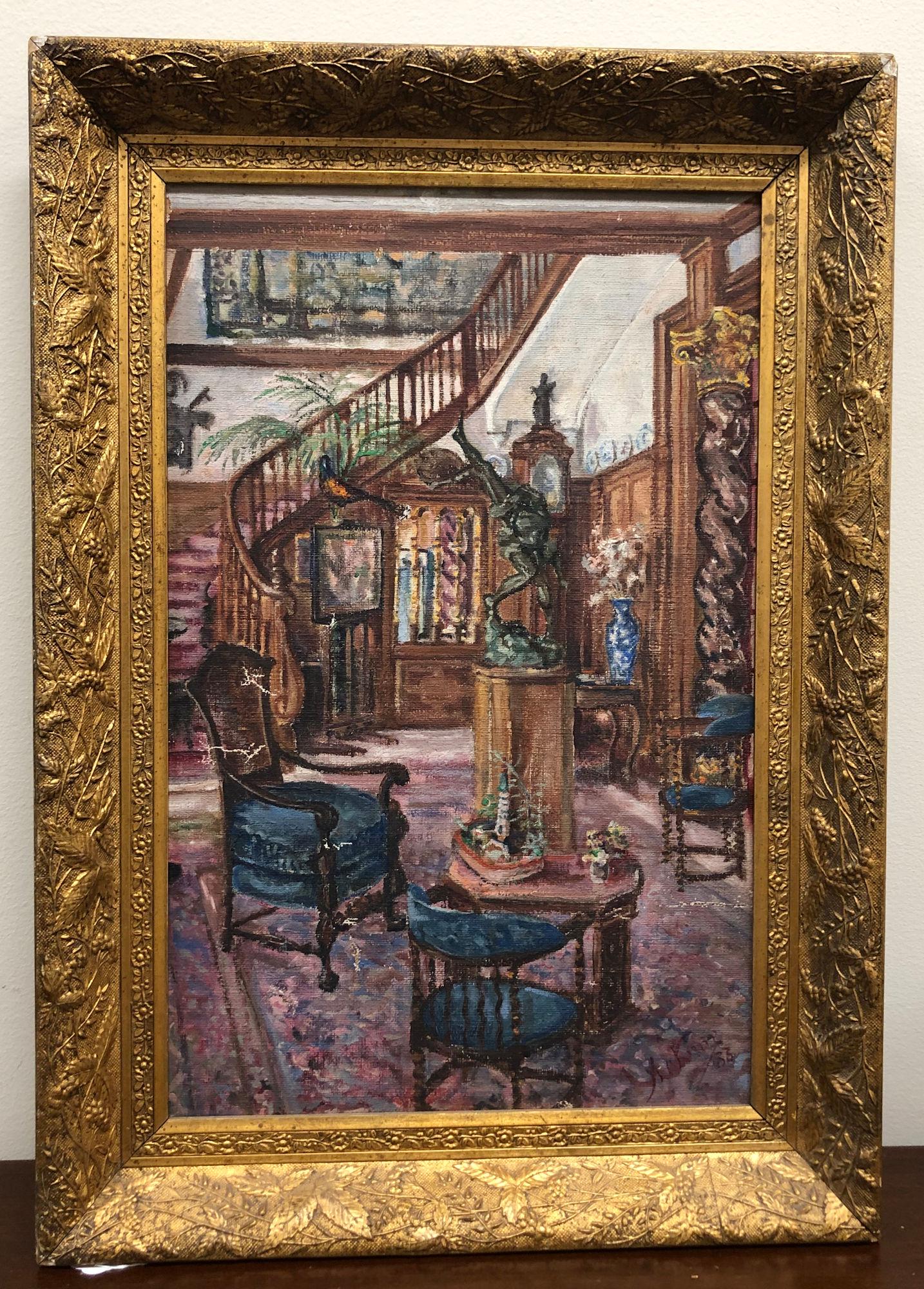OIL ON BOARD INTERIOR SCENE WITH CURVED STAIRCASE AND (1 of 3)