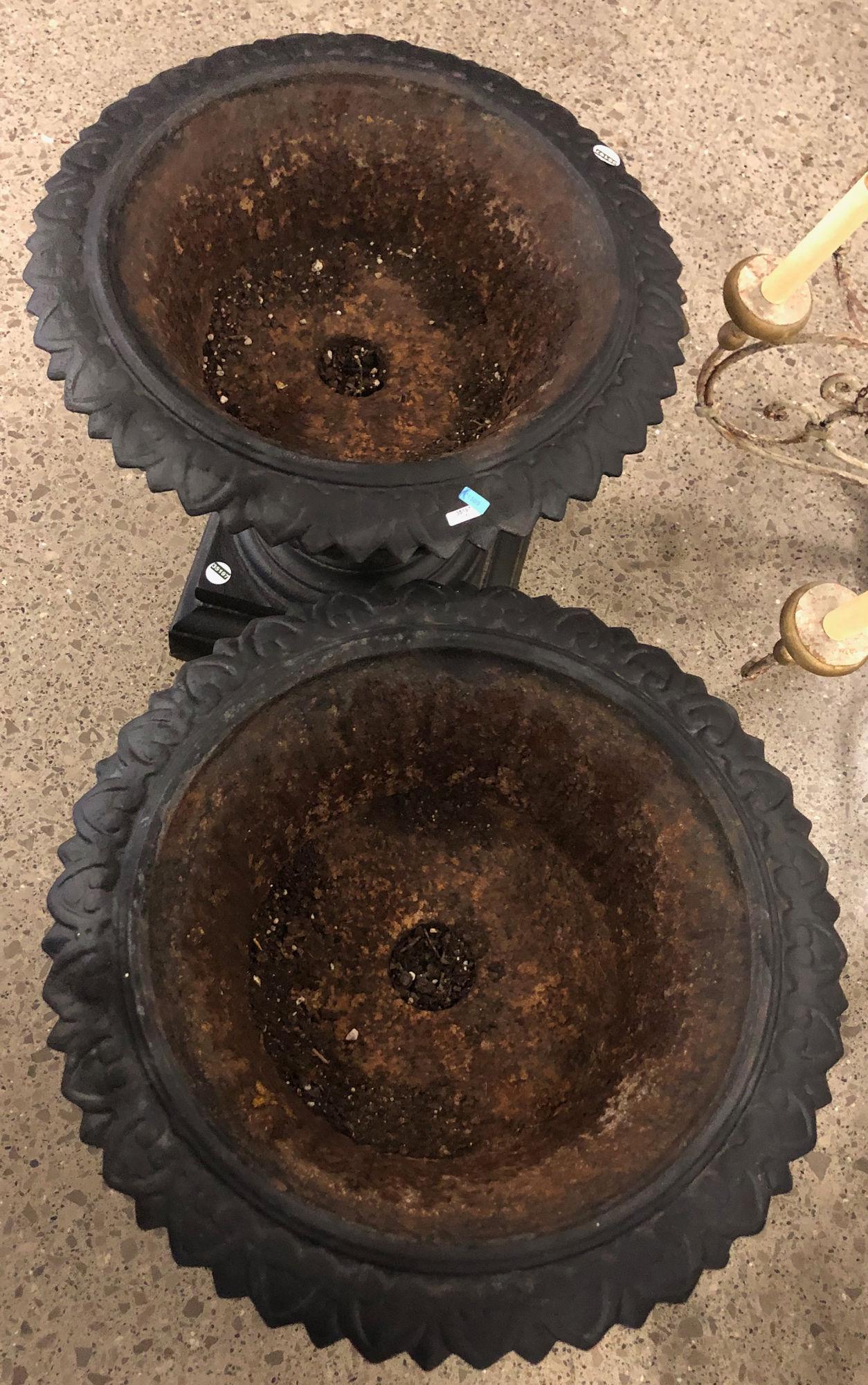 PAIR CAST IRON GARDEN URNS, PAINTED BLACK. 21"DIAMETER, (1 of 2)