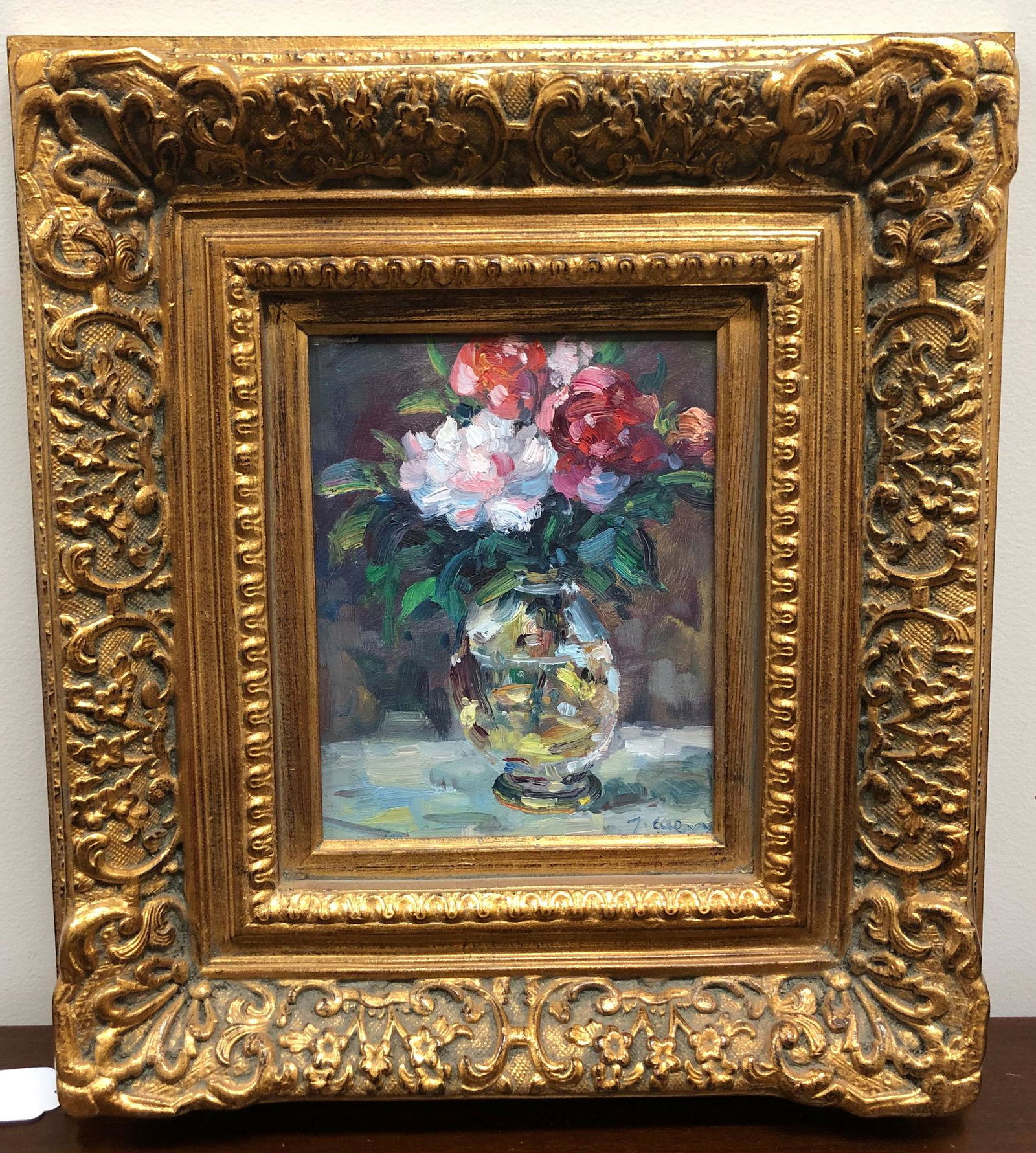 OIL ON CANVAS FLORAL STILL LIFE VASE OF PEONIES.. (1 of 3)