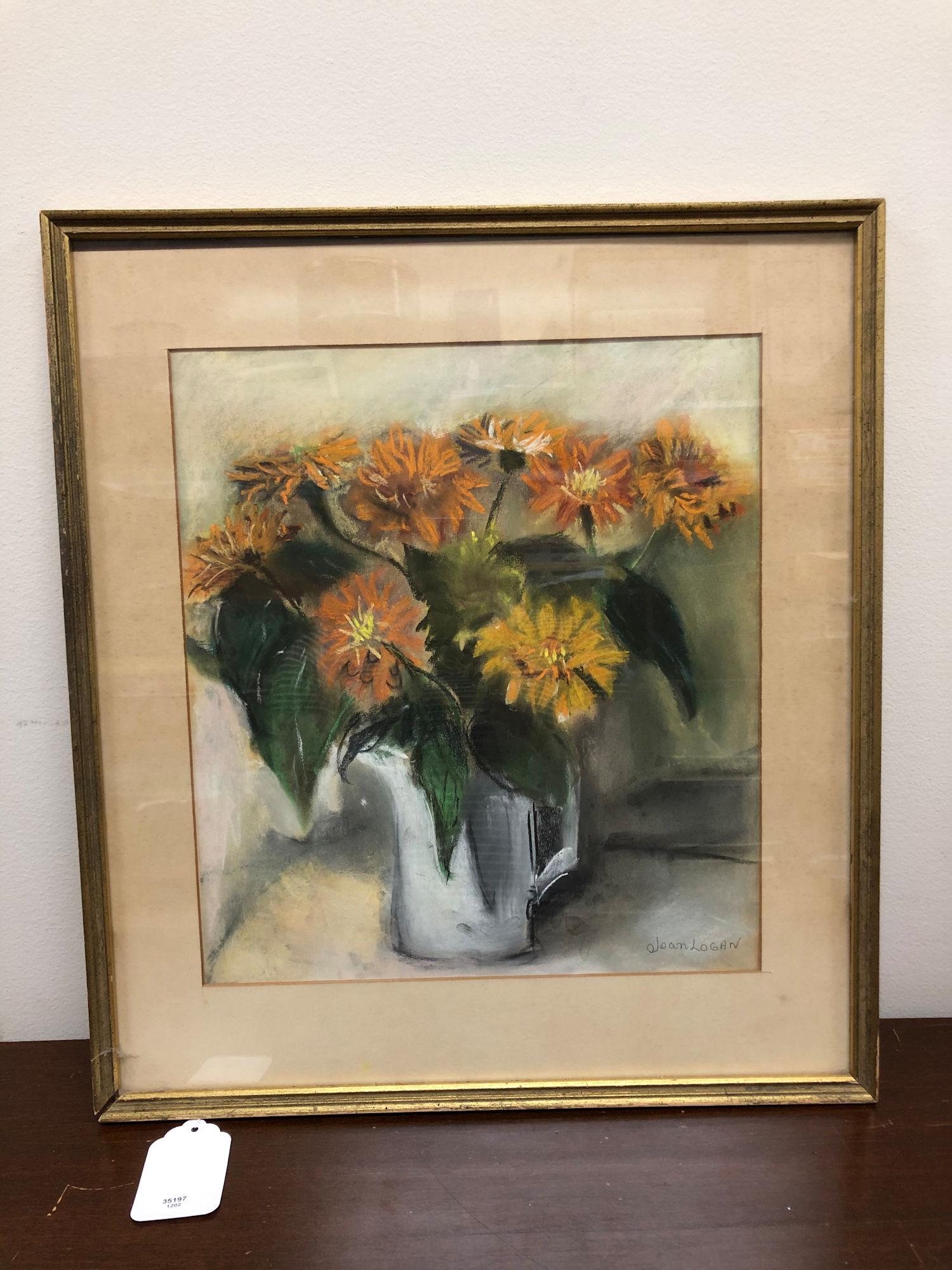PASTEL FLORAL STILL LIFE WITH PITCHER OF ORANGE: PASTEL FLORAL STILL LIFE WITH PITCHER OF ORANGE FLOWERS. SIGNED JEAN LOGAN LOWER RIGHT. IMAGE SIZE 12" X 14"