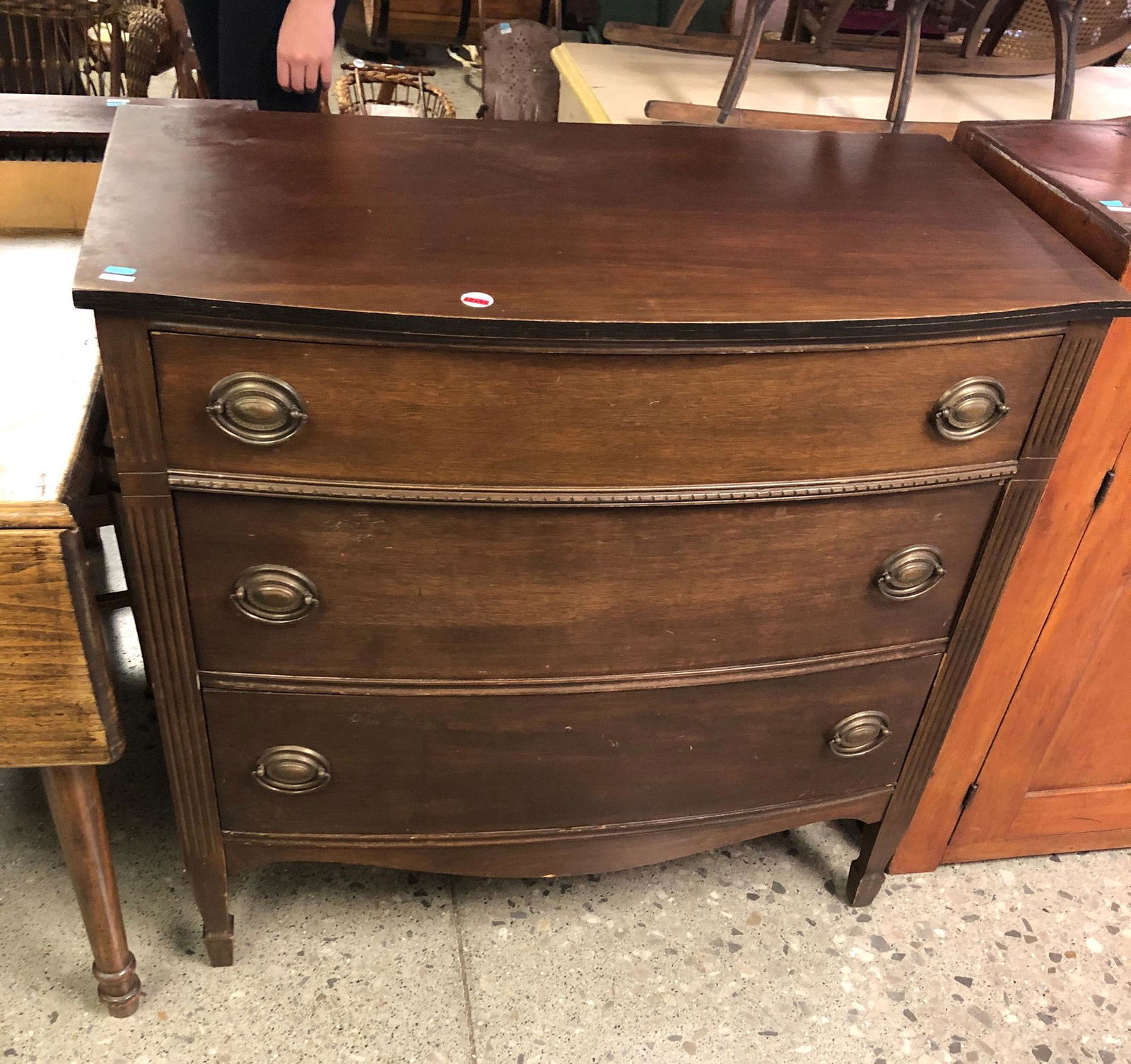 1930's MAHOGANY HEPPLEWHITE STYLE BOW FRONT 3 DRAWER (1 of 1)