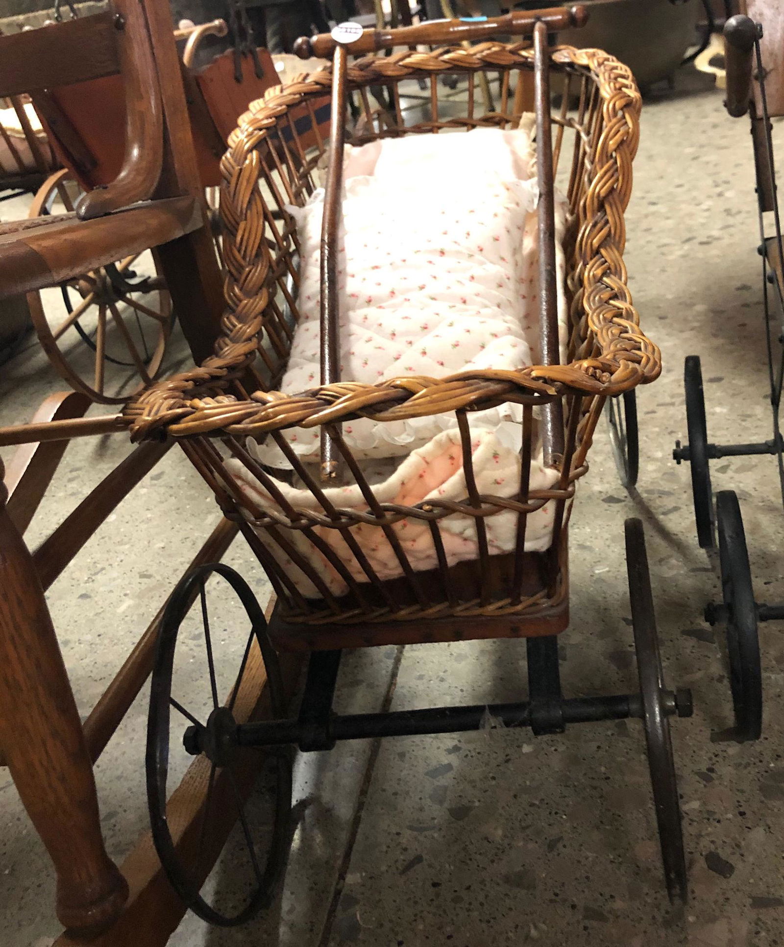 WICKER DOLL BUGGY WITH WIRE WHEELS (1 of 2)