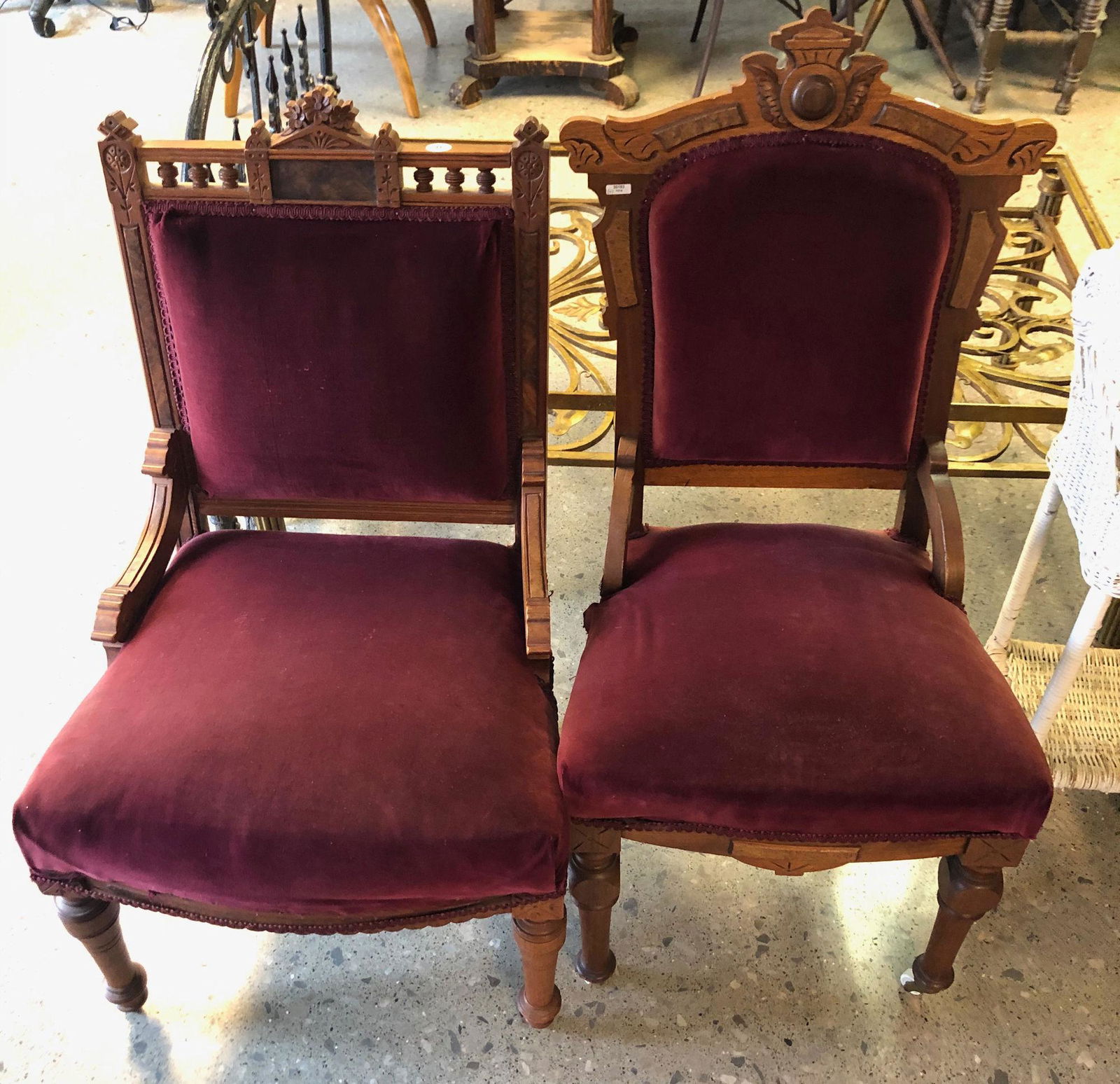 2 EASTLAKE WALNUT VICTORIAN SIDE CHAIRS WITH MAROON (1 of 2)