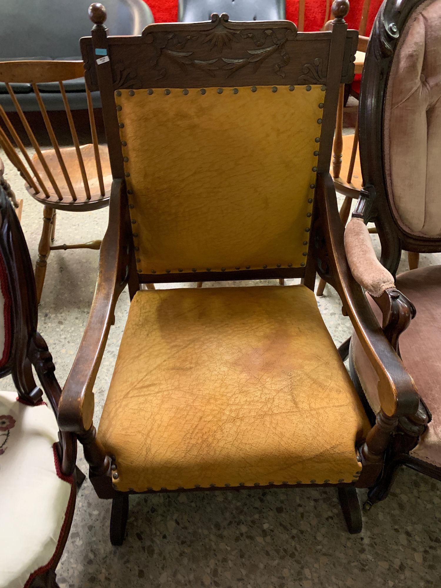 TURN OF THE CENTURY ROCKER: TURN OF THE CENTURY ROCKER ~ WOODEN PLATFORM ROCKER WITH GOLD UPHOLSTERED VINYL SEAT.