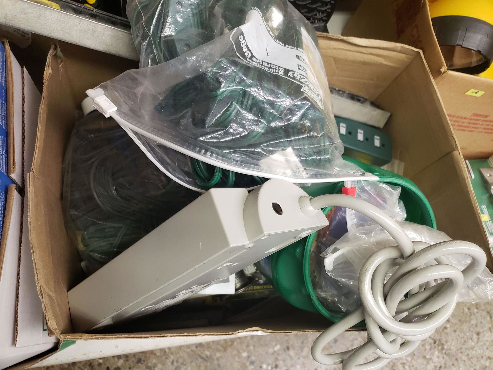 BOX LOT OF ELECTRICAL CORDS AND ELECTRICAL SUPPLIES (1 of 2)