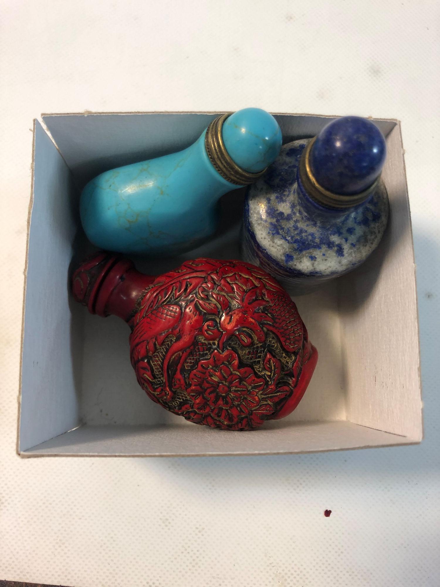 SEMI-PRECIOUS STONE SNUFF/PERFUME BOTTLES WITH DABBERS (1 of 2)