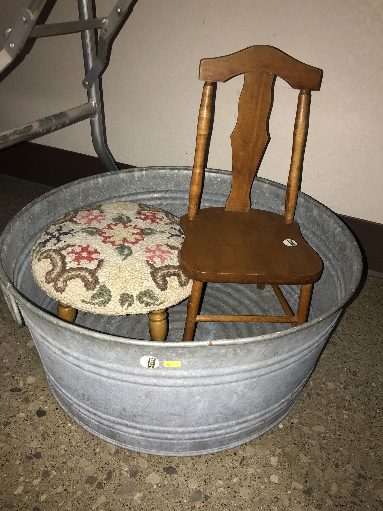 METAL PAIL WITH CHILDâ€™S CHAIR AND STOOL: METAL PAIL WITH CHILDâ€™S CHAIR AND STOOL