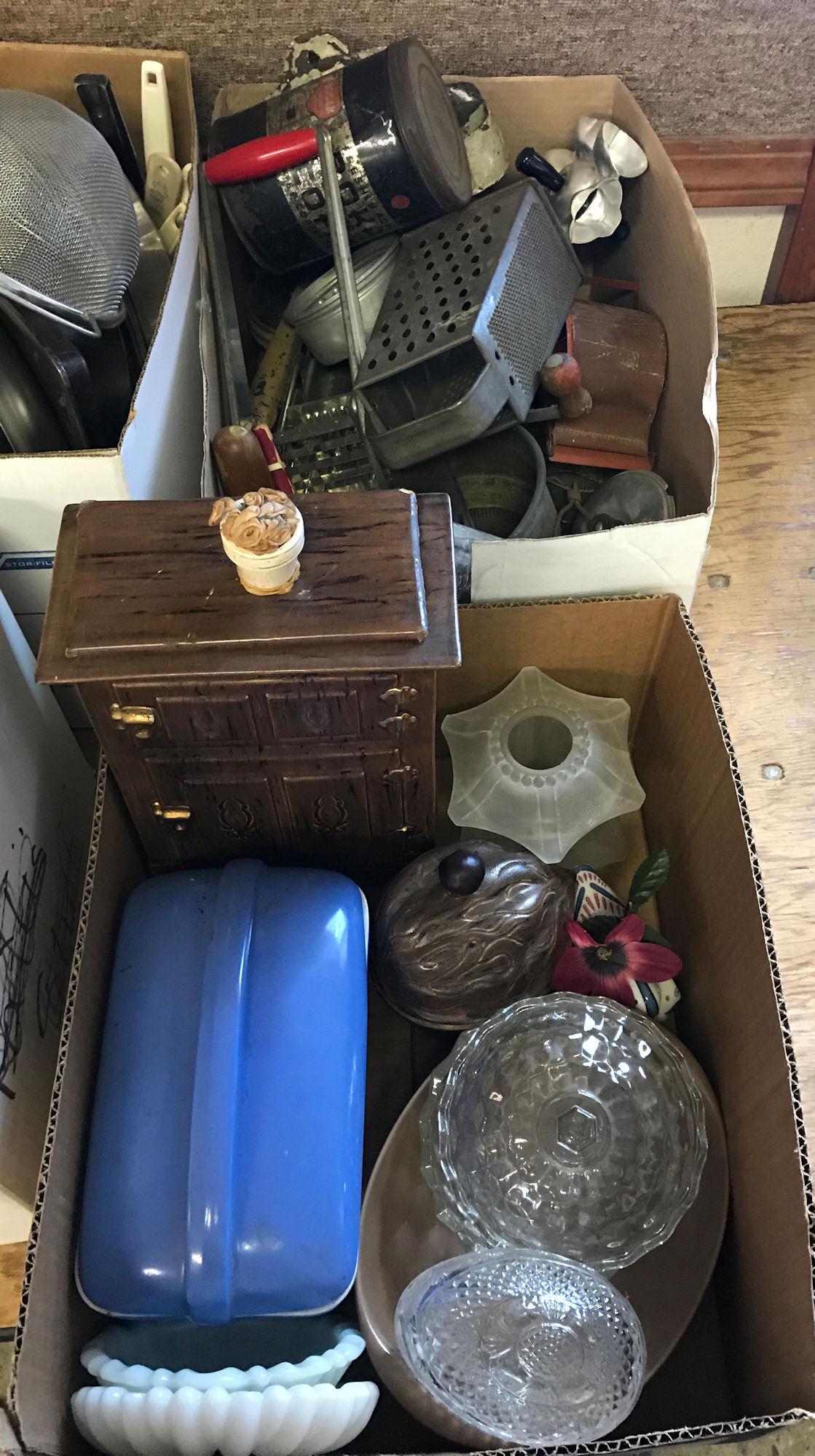 2 BOX LOTS WITH VINTAGE KITCHEN TOOLS, ICE CHEST COOKIE: 2 BOX LOTS WITH VINTAGE KITCHEN TOOLS, ICE CHEST COOKIE JAR, CANDY DISHES
