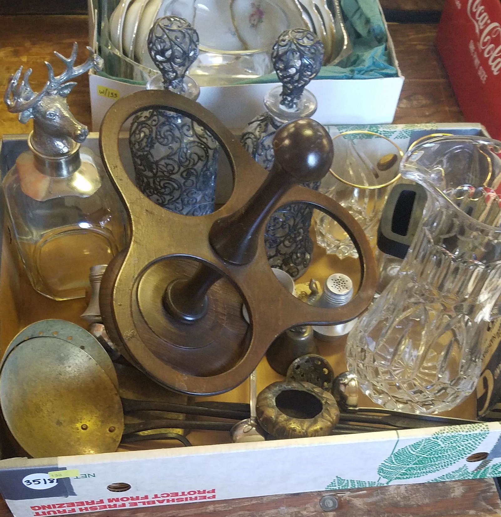 2 BOX LOTS WITH METAL UTENSILS, FANCY DECANTERS,: 2 BOX LOTS WITH METAL UTENSILS, FANCY DECANTERS, FLOWERED SERVING DISHES