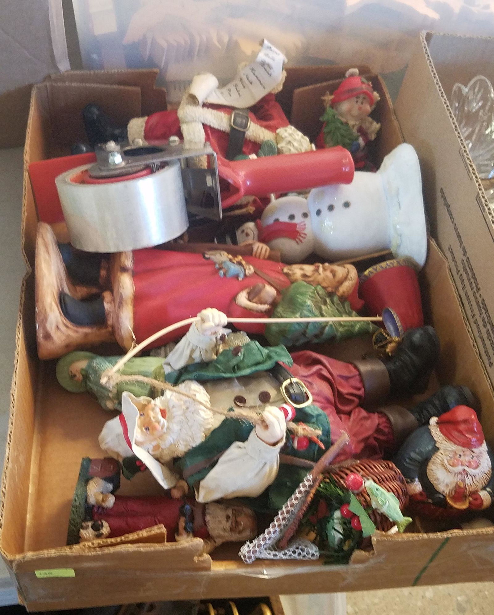 2 BOX LOTS PAPER MACHE SANTAS AND FIGURINES AND GLASS: 2 BOX LOTS PAPER MACHE SANTAS AND FIGURINES AND GLASS SERVING TRAYS, FAKE FRUIT