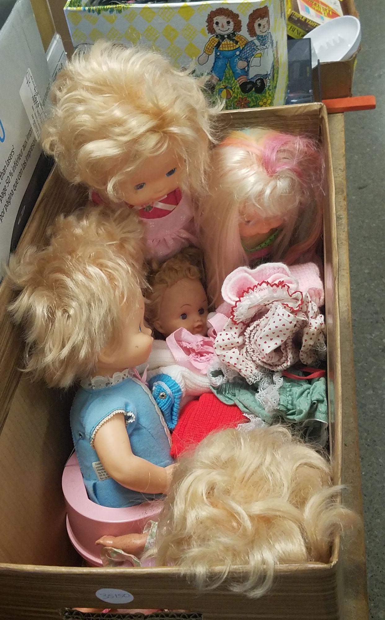 3 BOX LOTS WITH BABY DOLLS, DOLL HIGHCHAIR AND: 3 BOX LOTS WITH BABY DOLLS, DOLL HIGHCHAIR AND STROLLER, TALKING COMPUTRON, KITCHEN ACCESSORIES