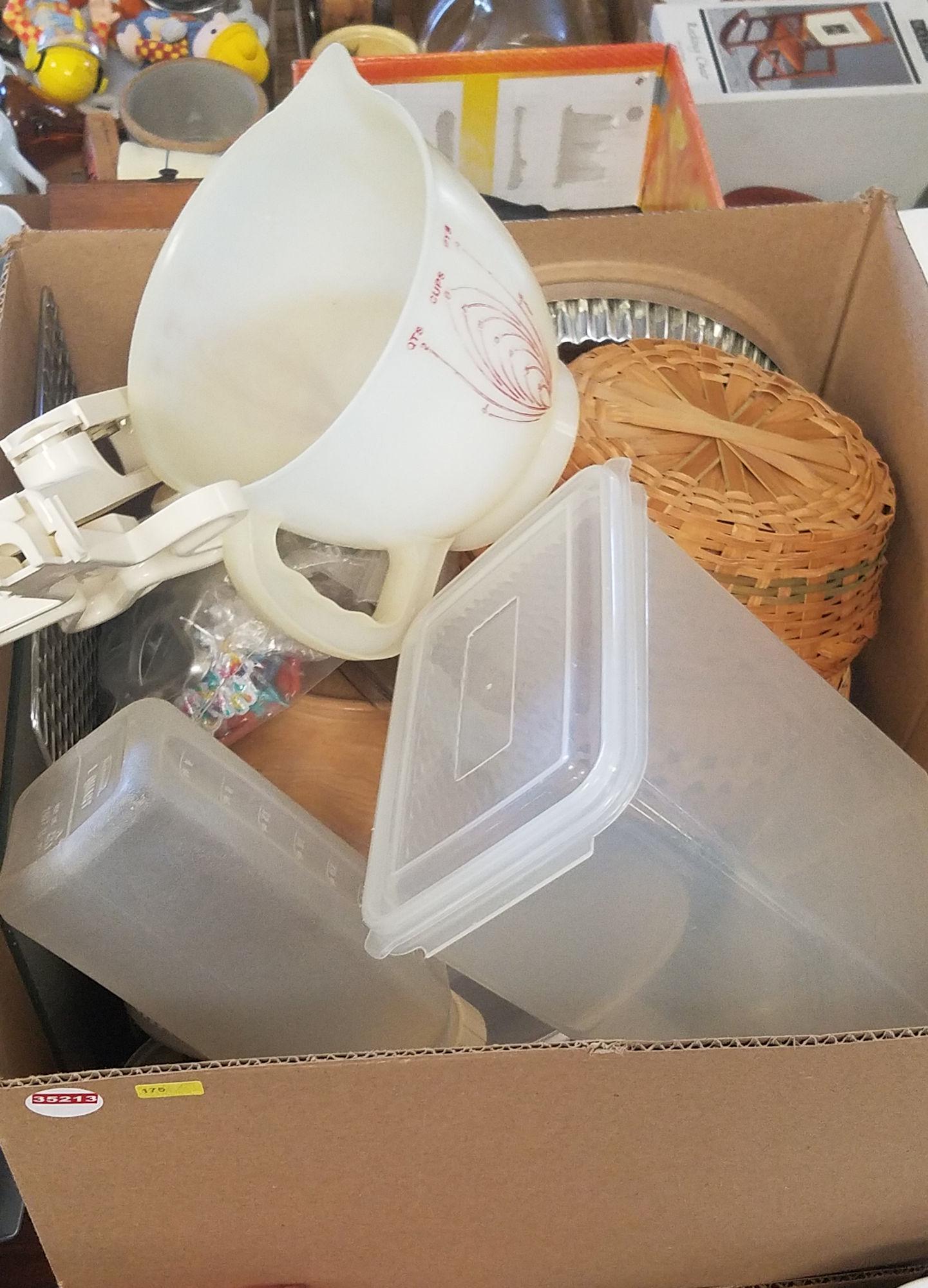 3 BOX LOTS WITH KITCHEN SUPPLIES, COOKIE JAR, VASES,: 3 BOX LOTS WITH KITCHEN SUPPLIES, COOKIE JAR, VASES, CHEESE CUTTERS