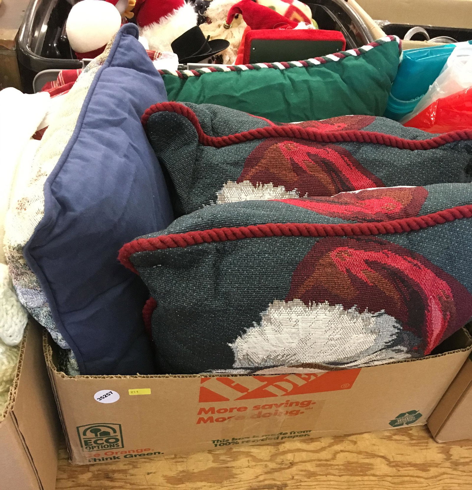 3 BOX LOTS WITH CHRISTMAS PILLOWS, TABLE CLOTHS, SPORTS: 3 BOX LOTS WITH CHRISTMAS PILLOWS, TABLE CLOTHS, SPORTS PARTY PLATTER, ORNAMENTS