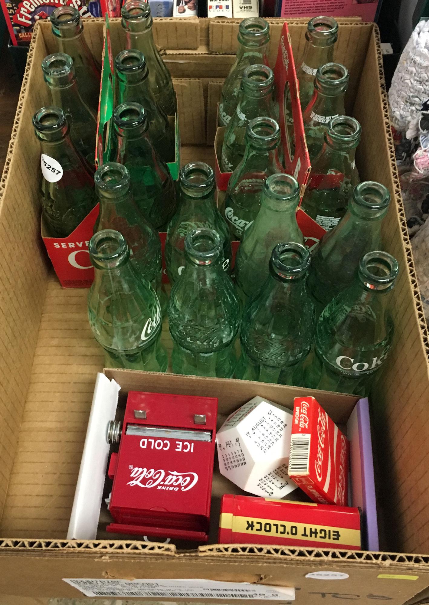 2 BOX LOTS WITH COCA COLA BOTTLES, RUGS, DECORATIVE: 2 BOX LOTS WITH COCA COLA BOTTLES, RUGS, DECORATIVE PLATES