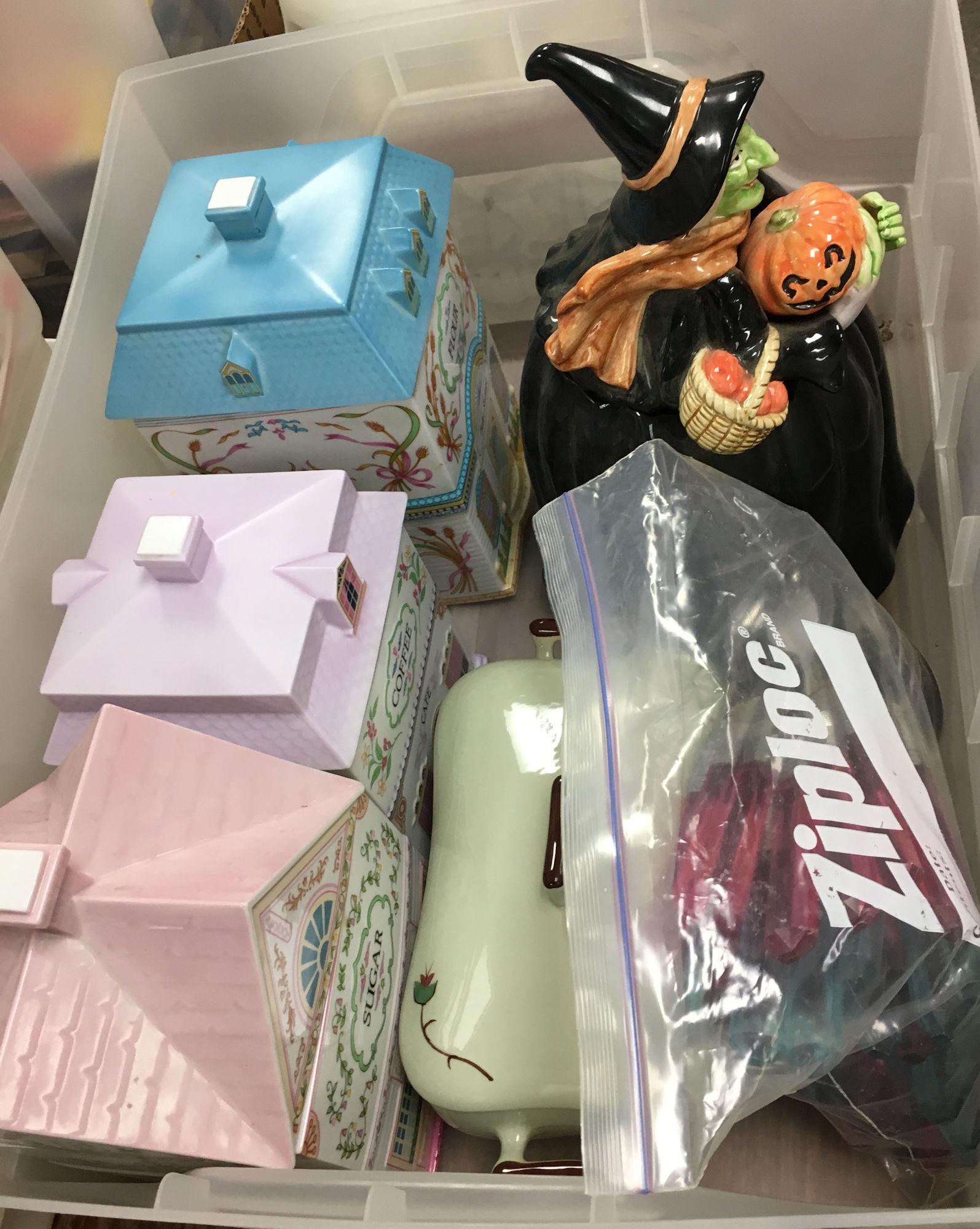 4 BOX LOTS WITH LINENS, BOOKS, VASE WITH FACE DESIGN,: 4 BOX LOTS WITH LINENS, BOOKS, VASE WITH FACE DESIGN, WITCH COOKIE JAR, LENOX 3 PIECE CANISTER SET