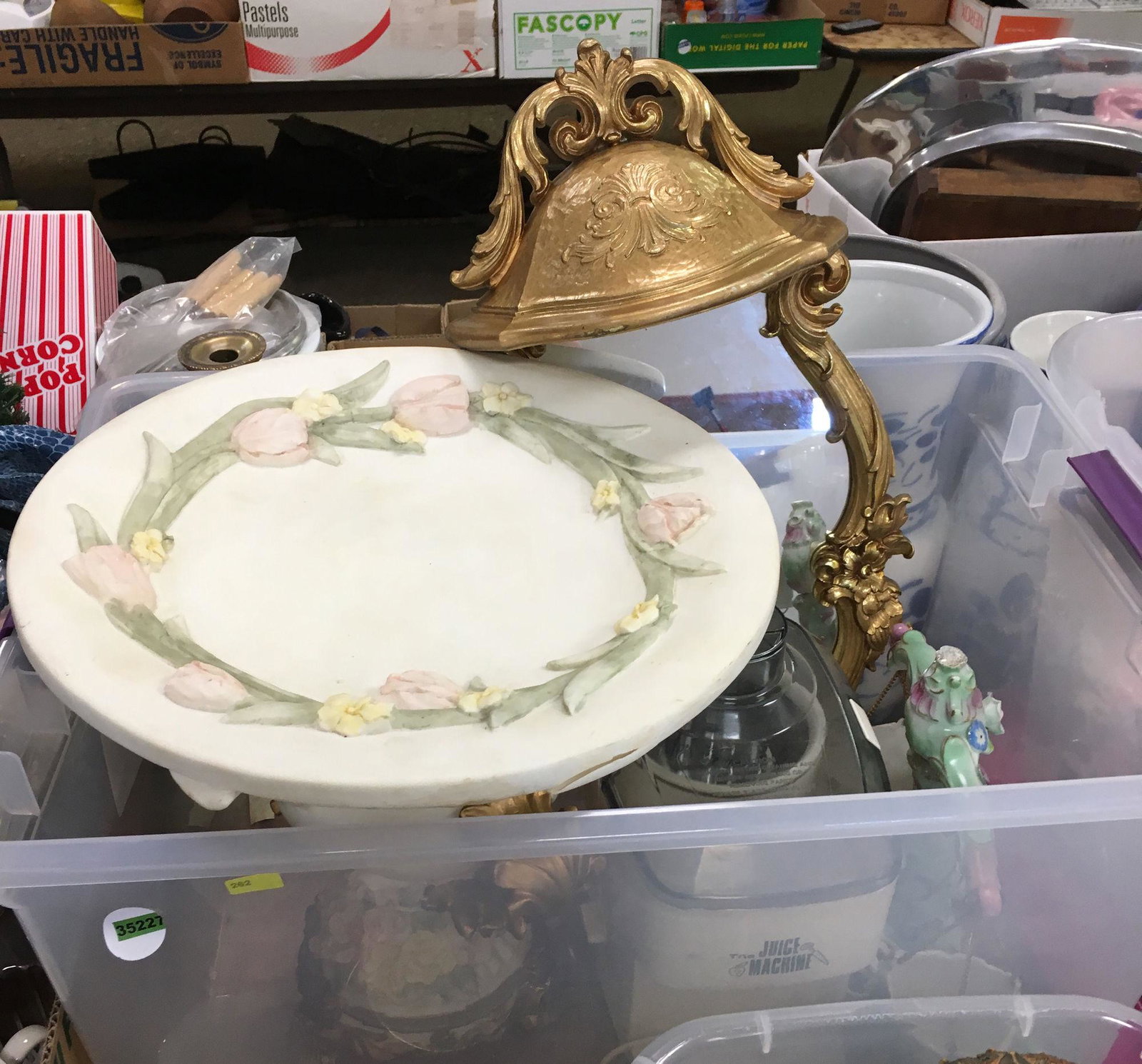 3 BOX LOTS WITH CERAMIC BIRD BATH, TUPPERWARE BOWLS,: 3 BOX LOTS WITH CERAMIC BIRD BATH, TUPPERWARE BOWLS, BABY DOLL CLOTHING