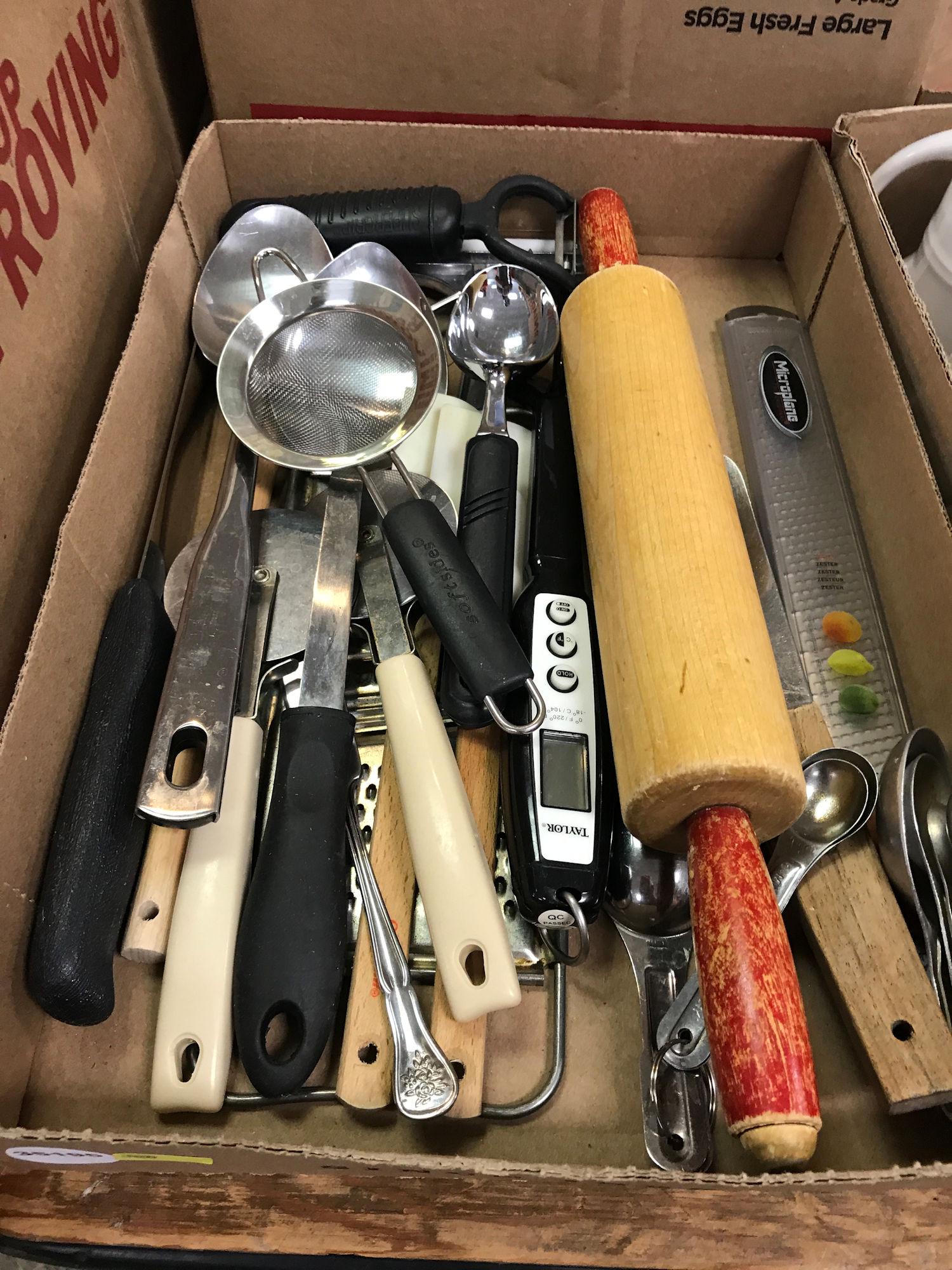 4 BOX LOTS WITH UTENSILS, OIL LAMP, WHITE COFFEE CUPS,: 4 BOX LOTS WITH UTENSILS, OIL LAMP, WHITE COFFEE CUPS, LENOX FLOWERED CUPS