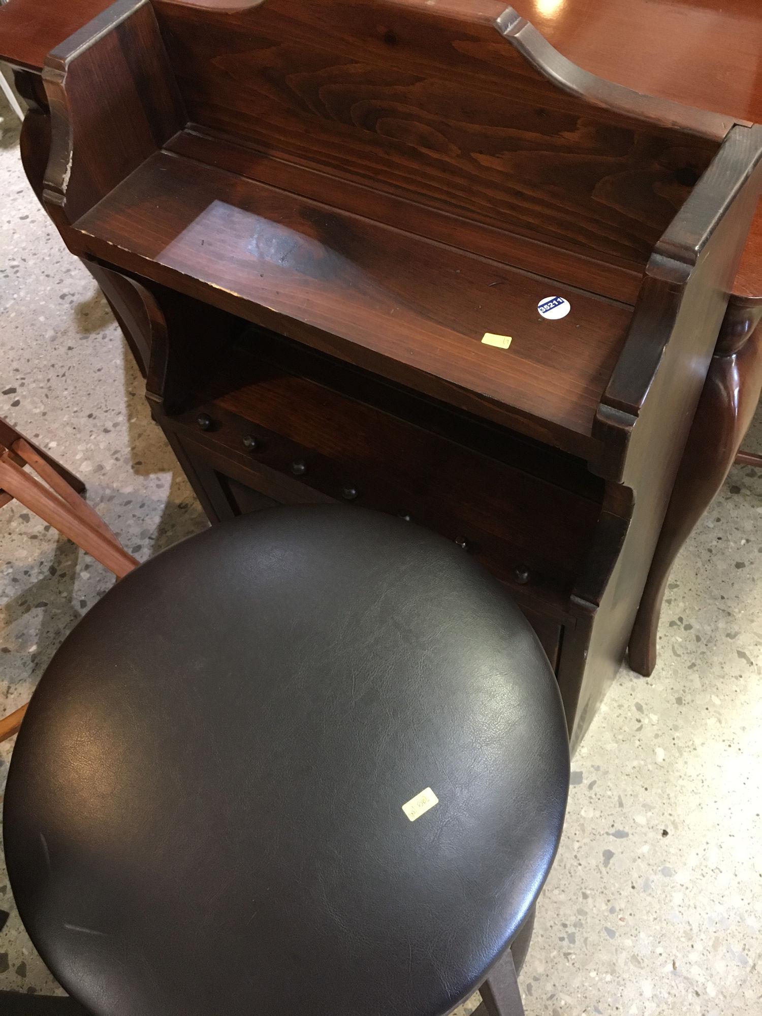 SMALL WOODEN CABINET WITH BLACK STOOL: SMALL WOODEN CABINET WITH BLACK STOOL