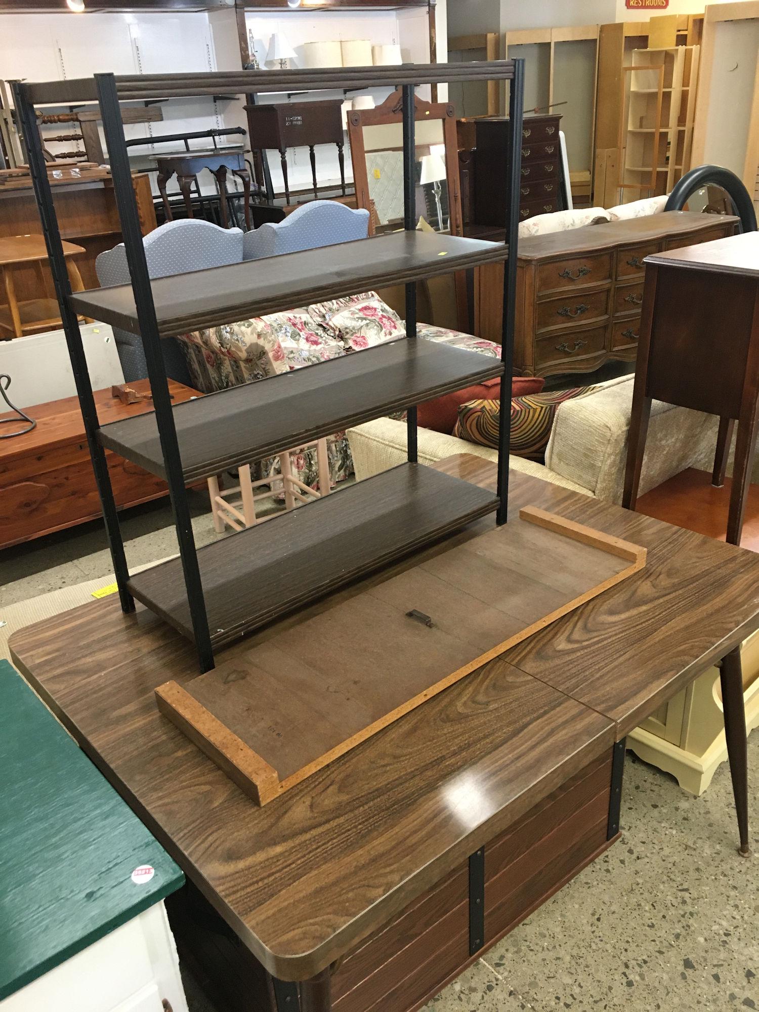 TABLE WITH LEAF AND METAL SHELVING UNIT: TABLE WITH LEAF AND METAL SHELVING UNIT