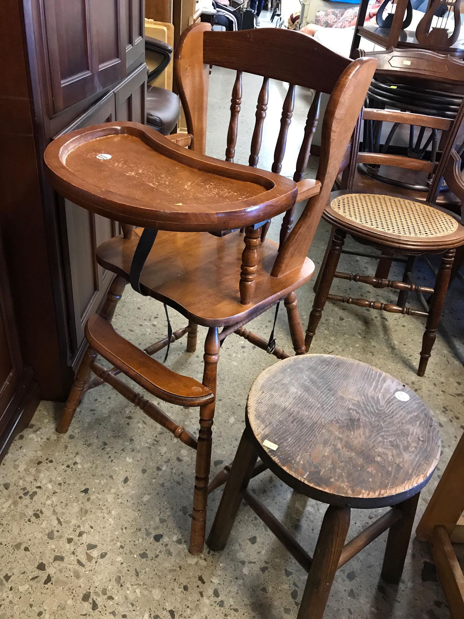 WOODEN HIGH CHAIR AND STOOL: WOODEN HIGH CHAIR AND STOOL