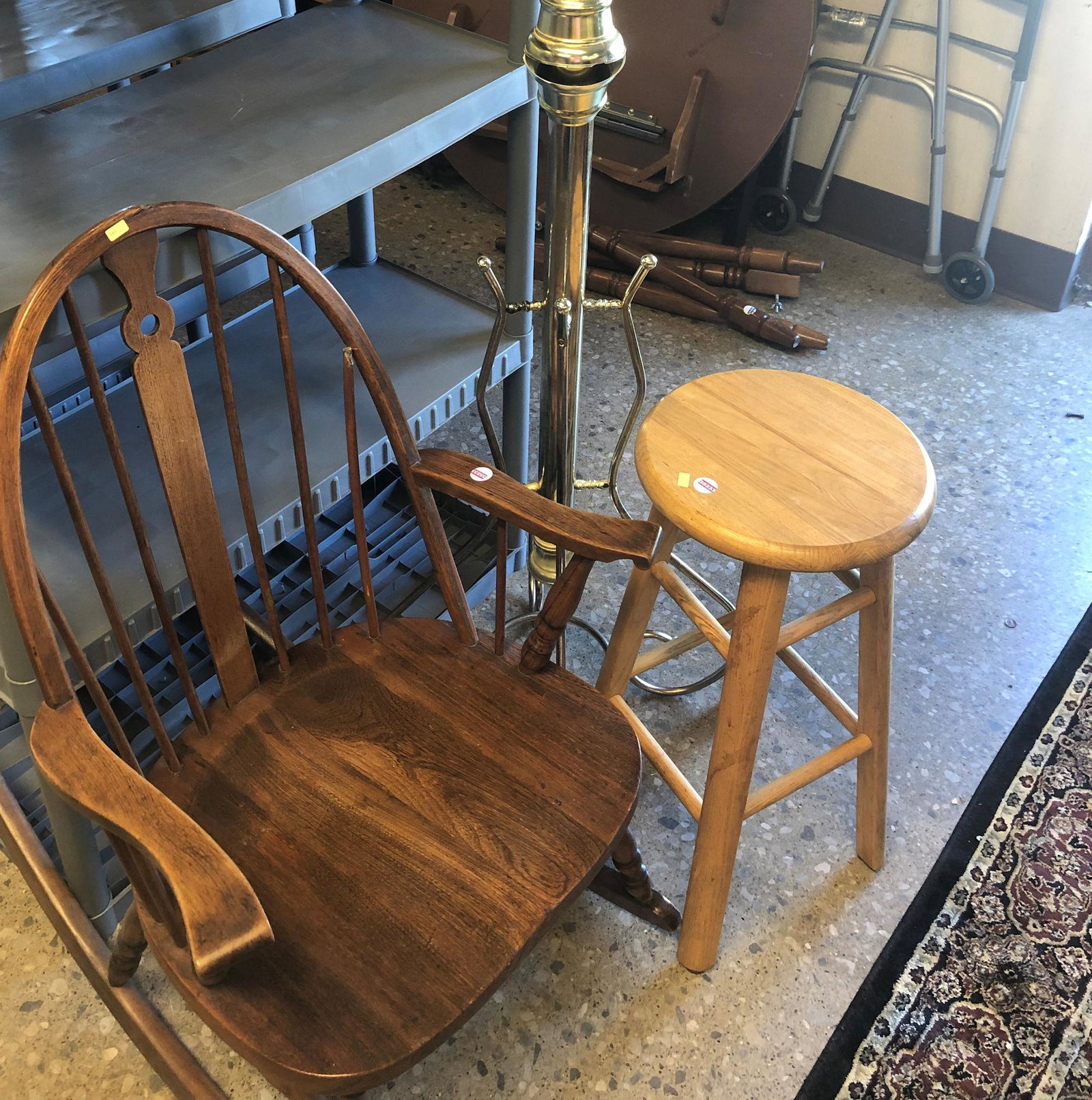 WOODEN ROCKING CHAIR, STOOL, AND HALL TREE: WOODEN ROCKING CHAIR, STOOL, AND HALL TREE