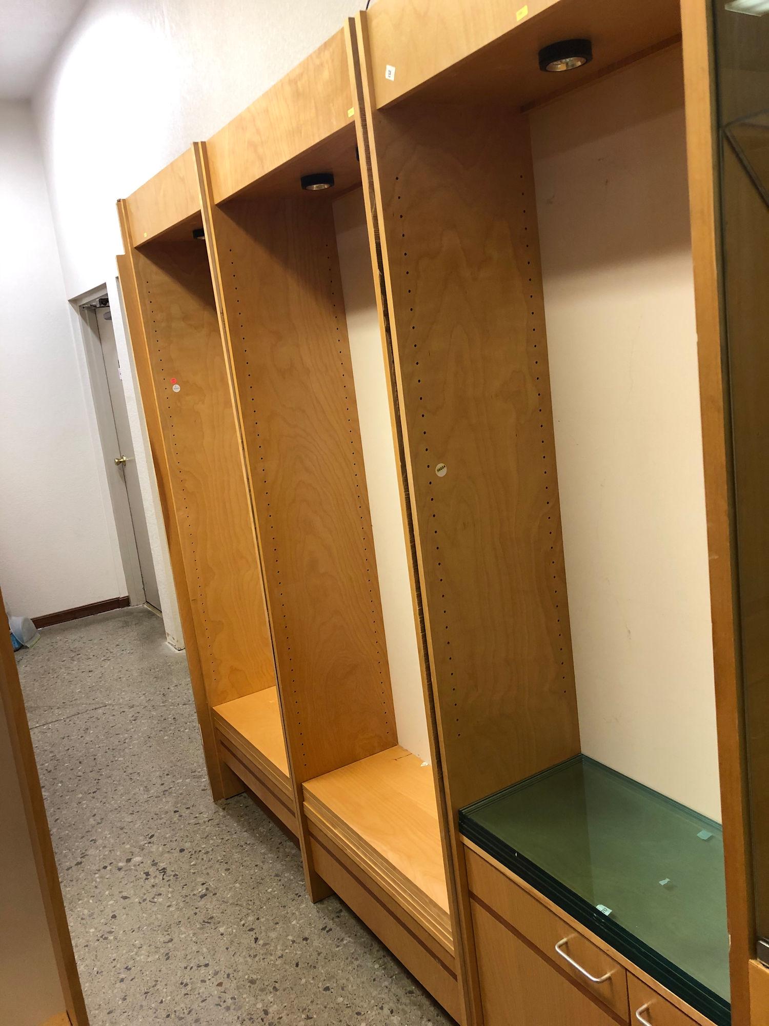 3 DISPLAY CASES, ONE WITH GLASS SHELVES, 2 WITH WOODEN: 3 DISPLAY CASES, ONE WITH GLASS SHELVES, 2 WITH WOODEN SHELVES