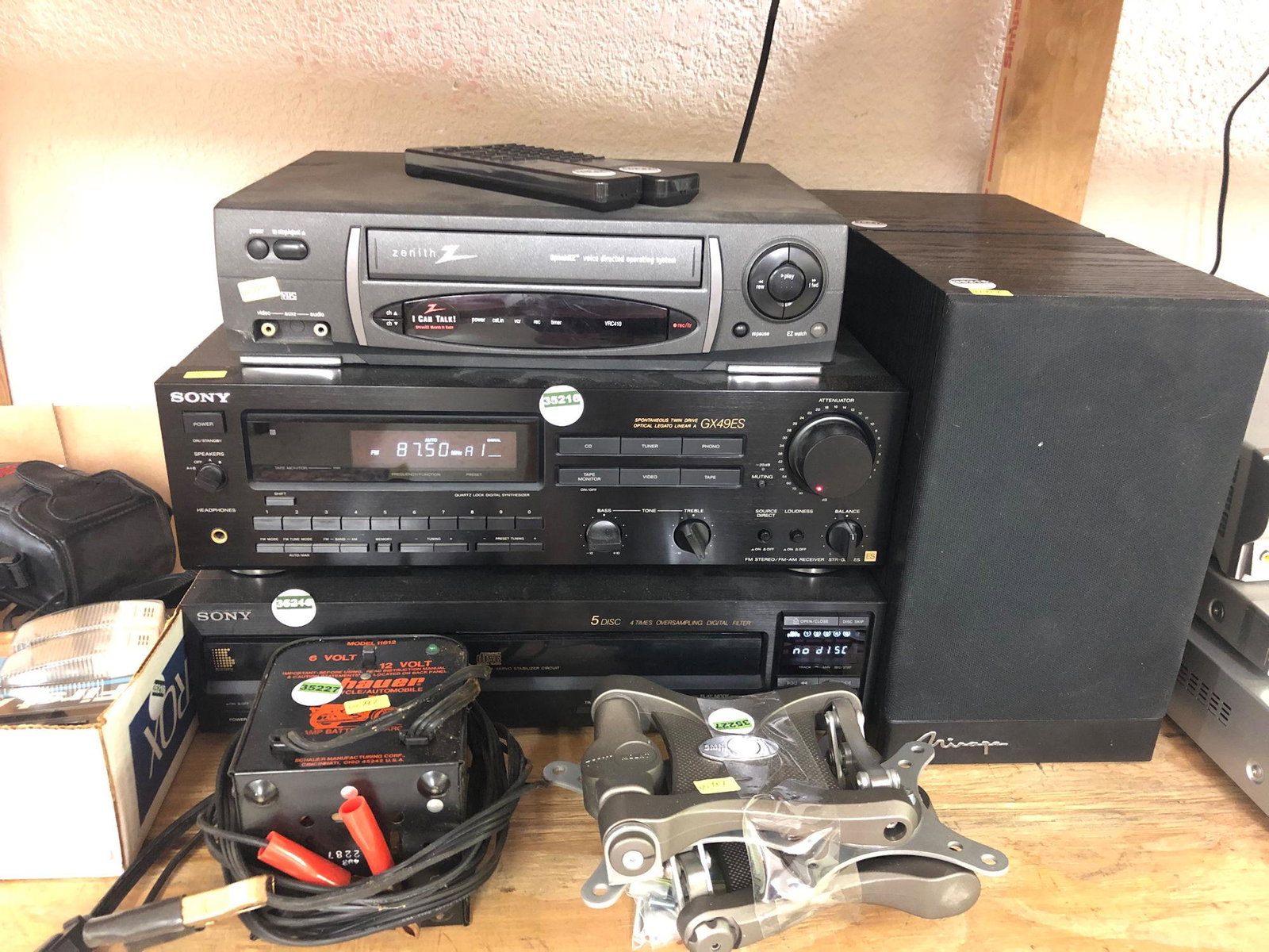 VCR, SONY RECEIVER, SONY DISC CHANGER, TV MOUNTS, AND 2: VCR, SONY RECEIVER, SONY DISC CHANGER, TV MOUNTS, AND 2 SPEAKERS
