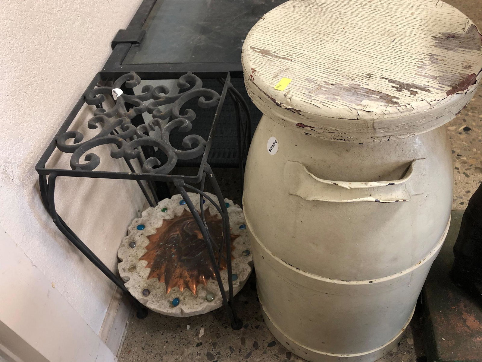 2 PLANT STANDS, ONE MADE FROM A MILK JUG: 2 PLANT STANDS, ONE MADE FROM A MILK JUG