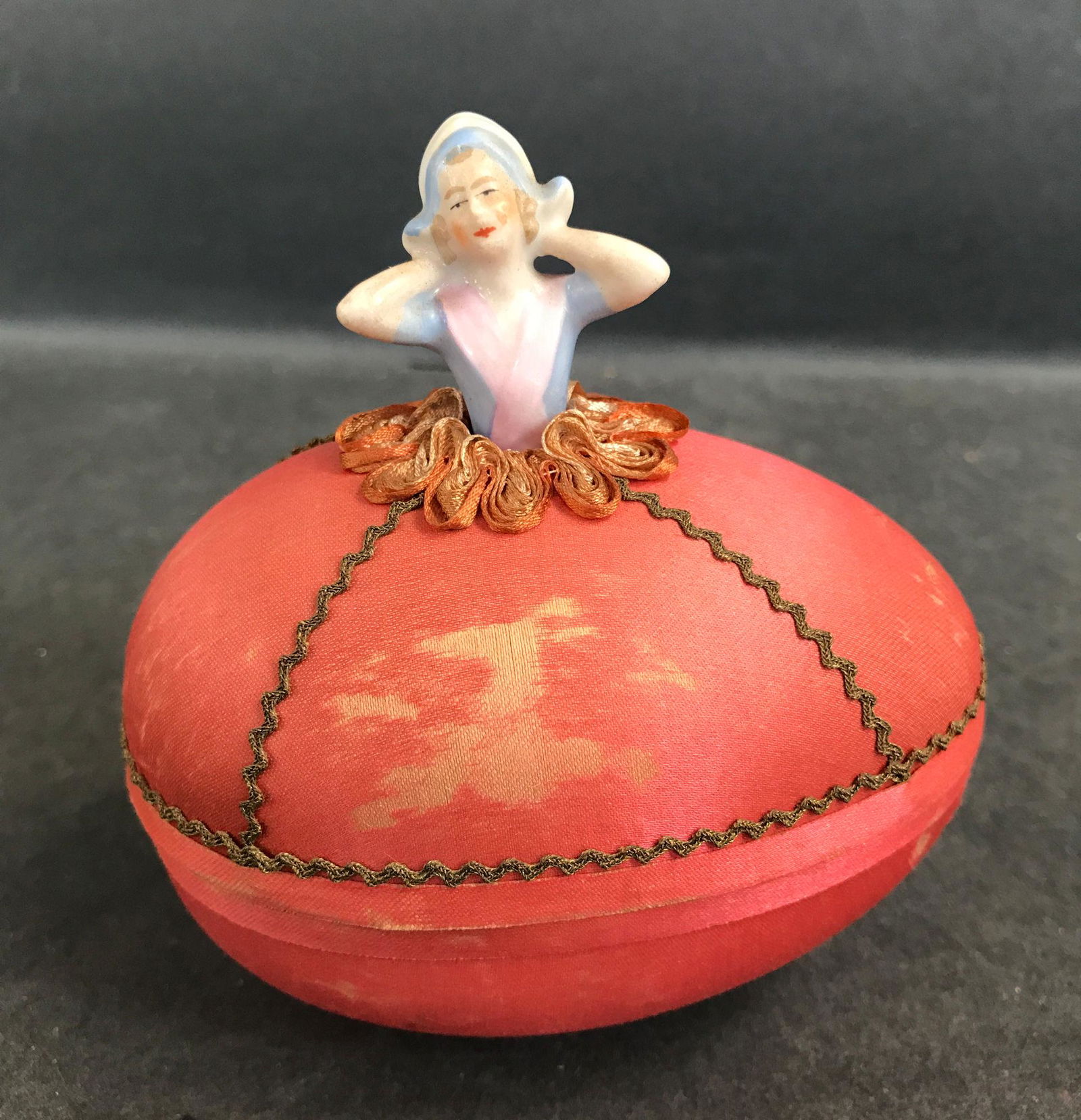 GERMAN CHINA HALF DOLL ON EGG TRINKET BOX MARKED (1 of 2)