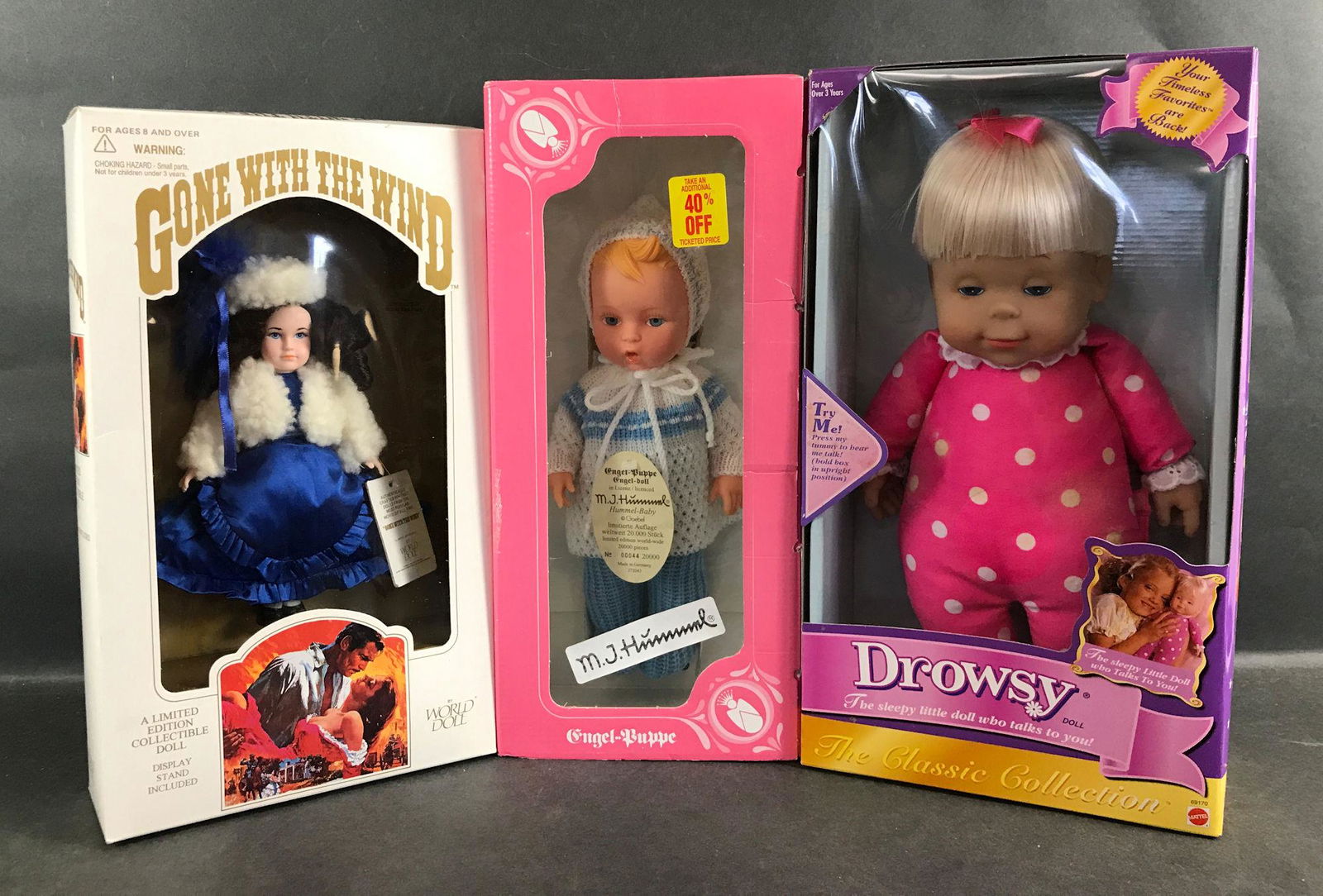 (3) NRFB DOLLS INCLUDING VINYL HUMMEL BABY, MATTEL: (3) NRFB DOLLS INCLUDING VINYL HUMMEL BABY, MATTEL "DROWSY" AND WORLD DOLL GONE WITH THE WIND "BONNIE BLUE".