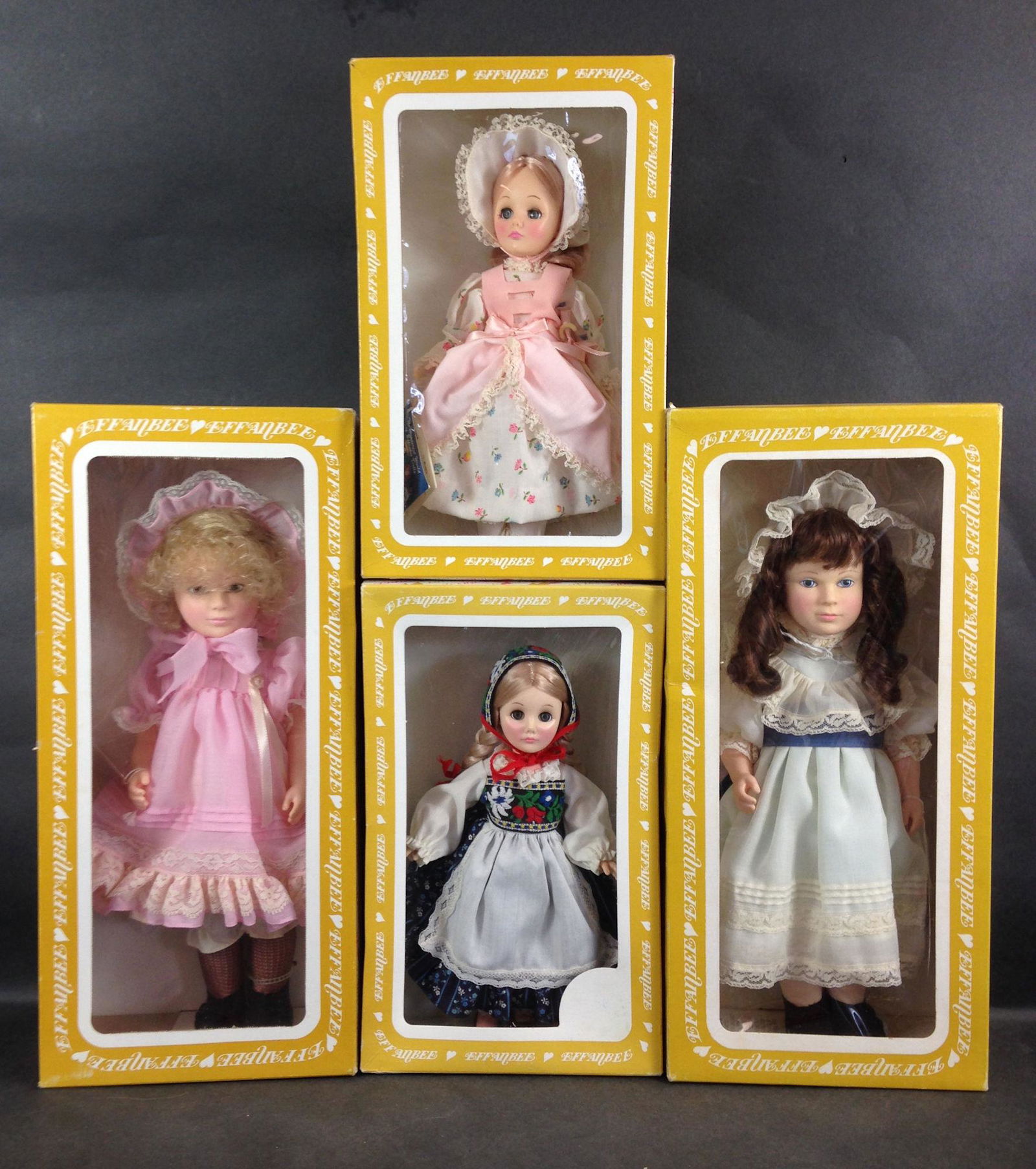 LOT (4) EFFANBEE DOLLS. INCLUDES "CHRISTINA" AND: LOT (4) EFFANBEE DOLLS. INCLUDES "CHRISTINA" AND "LAUREL" BY JAN HAGARA, AND "LITTLE BO PEEP" AND "HEIDI". ALL IN ORIGINAL BOXES.