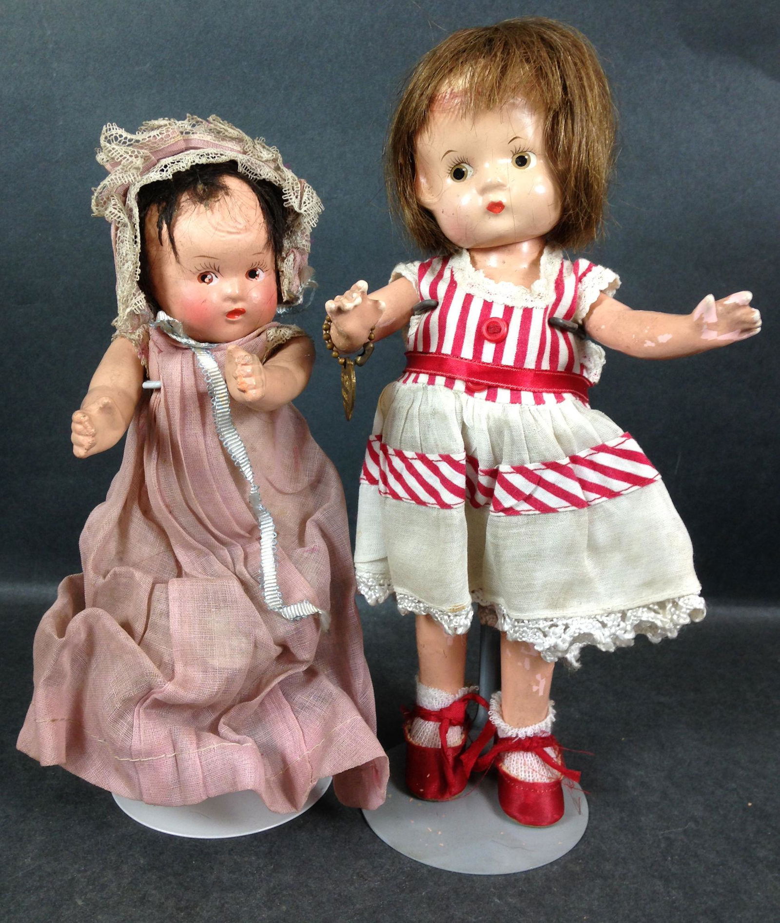 (2) VINTAGE ALL COMPOSITION DOLLS WITH WIGS AND PAINTED: (2) VINTAGE ALL COMPOSITION DOLLS WITH WIGS AND PAINTED EYES INCLUDING 9½" EFFANBEE PATSYETTE AND UNMARKED 7" BABY. BOTH IN VINTAGE CLOTHING.