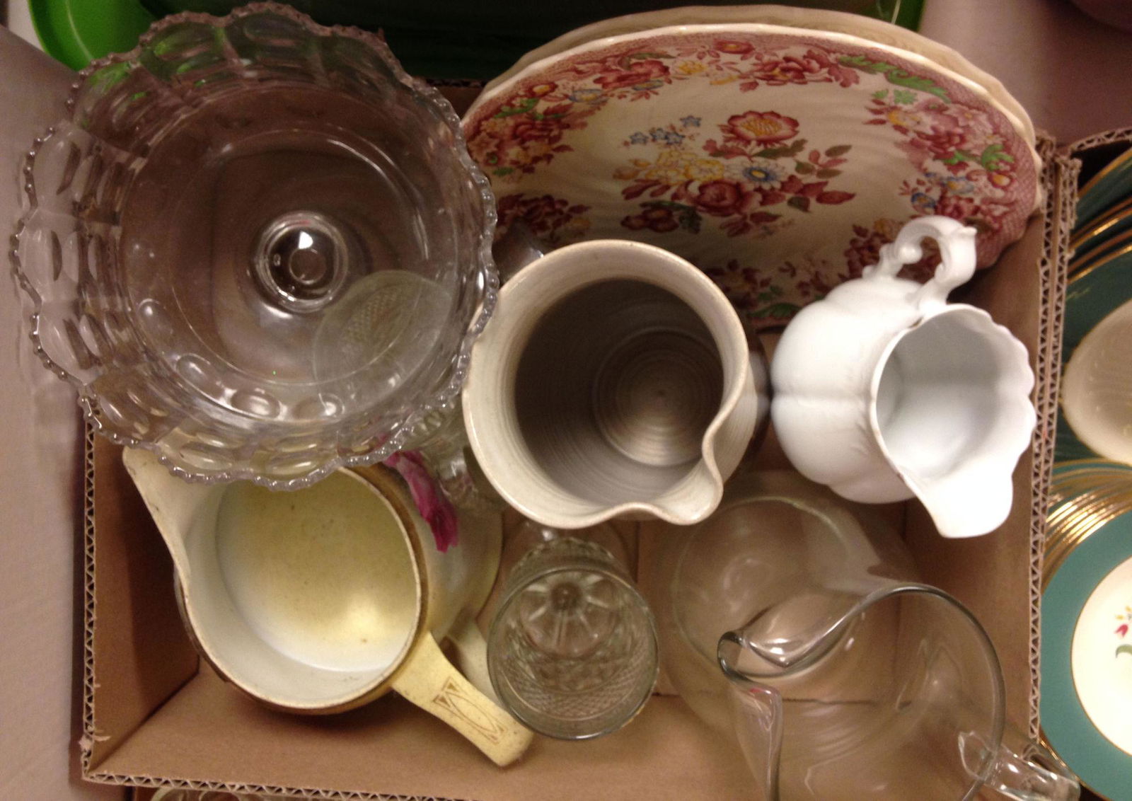 2 BOX LOTS WITH BOOKS, POTTERY, CLEAR GLASS PITCHER,: 2 BOX LOTS WITH BOOKS, POTTERY, CLEAR GLASS PITCHER,