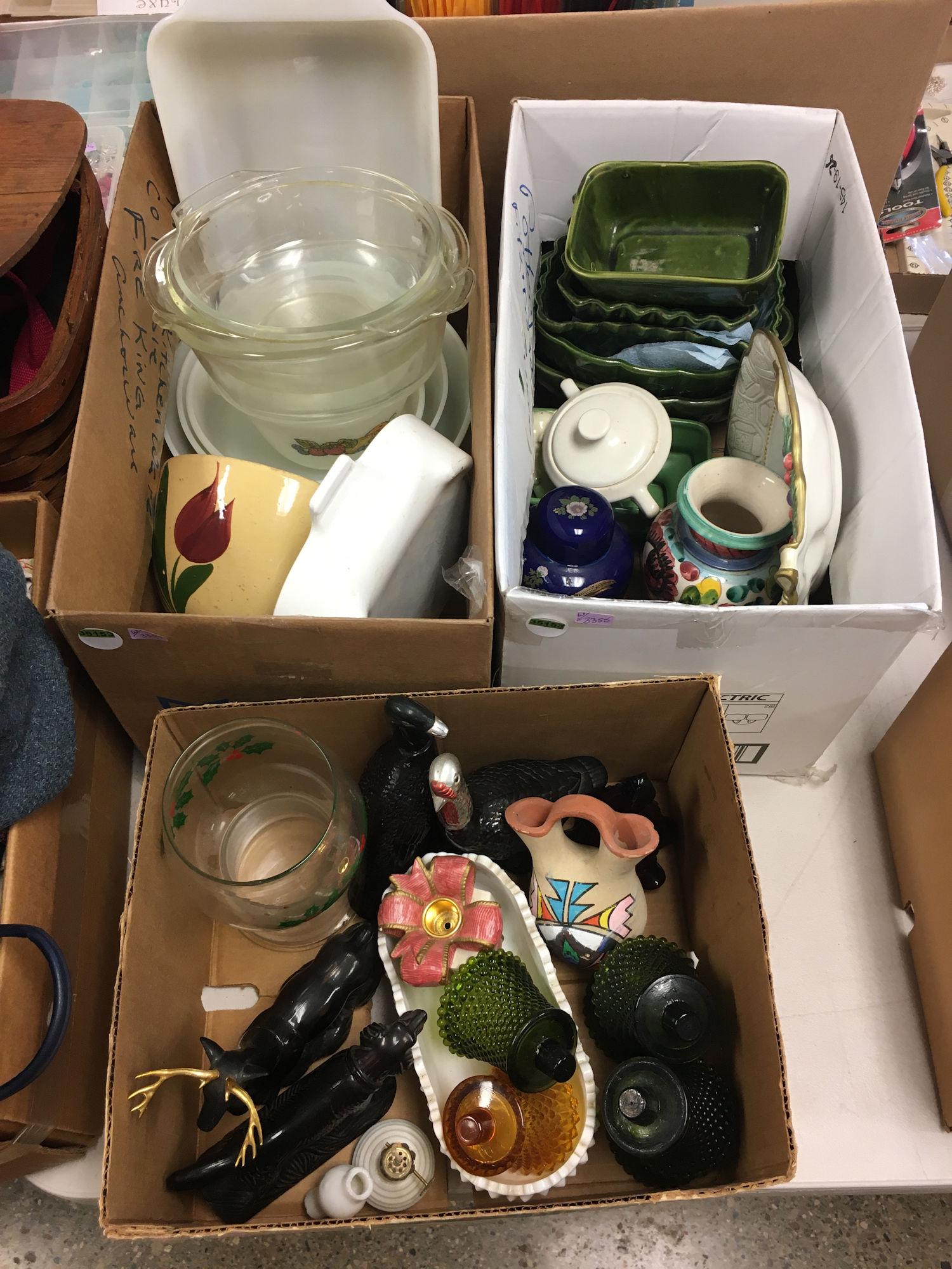 3 BOX LOTS WITH AVON AFTERSHAVE DECORATIVE BOTTLES,: 3 BOX LOTS WITH AVON AFTERSHAVE DECORATIVE BOTTLES, POTTERY, GREEN POTTERY PLANTERS, ANCHOR HOCKING BAKEWARE AND DISHES