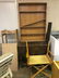DIRECTOR’S CHAIR MISSING BACK, WOODEN SHELVING UNIT,