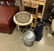 UMBRELLA HOLDER, METAL MILK JUG, SMALL PATIO TABLE WITH