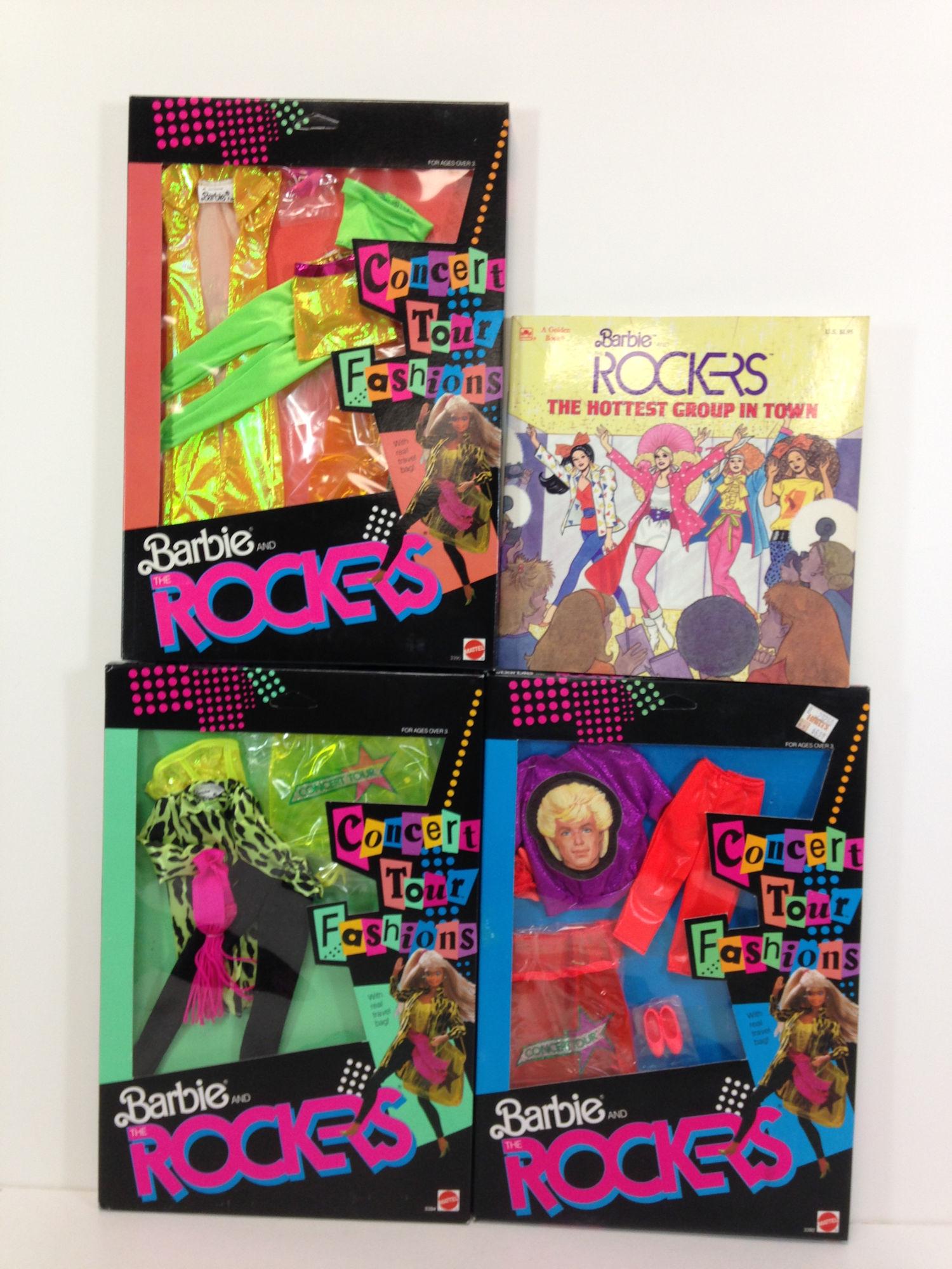 (3) NRFB BARBIE AND ROCKERS "CONCERT TOUR" FASHIONS: (3) NRFB BARBIE AND ROCKERS "CONCERT TOUR" FASHIONS INCLUDING #3390, 3392 AND 3394. ALSO INCLUDES BOOK BARBIE AND ROCKERS "THE HOTTEST GROUP IN TOWN".