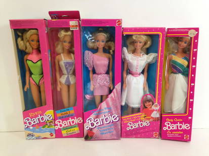 (5) NRFB VINTAGE BARBIES MADE FOR THE FOREIGN MARKET: (5) NRFB VINTAGE BARBIES MADE FOR THE FOREIGN MARKET INCLUDING "DRESS ME", "PARTY CRUISE", "RIVIERA", "FASHION PLAY" AND "MY FIRST" BARBIE.