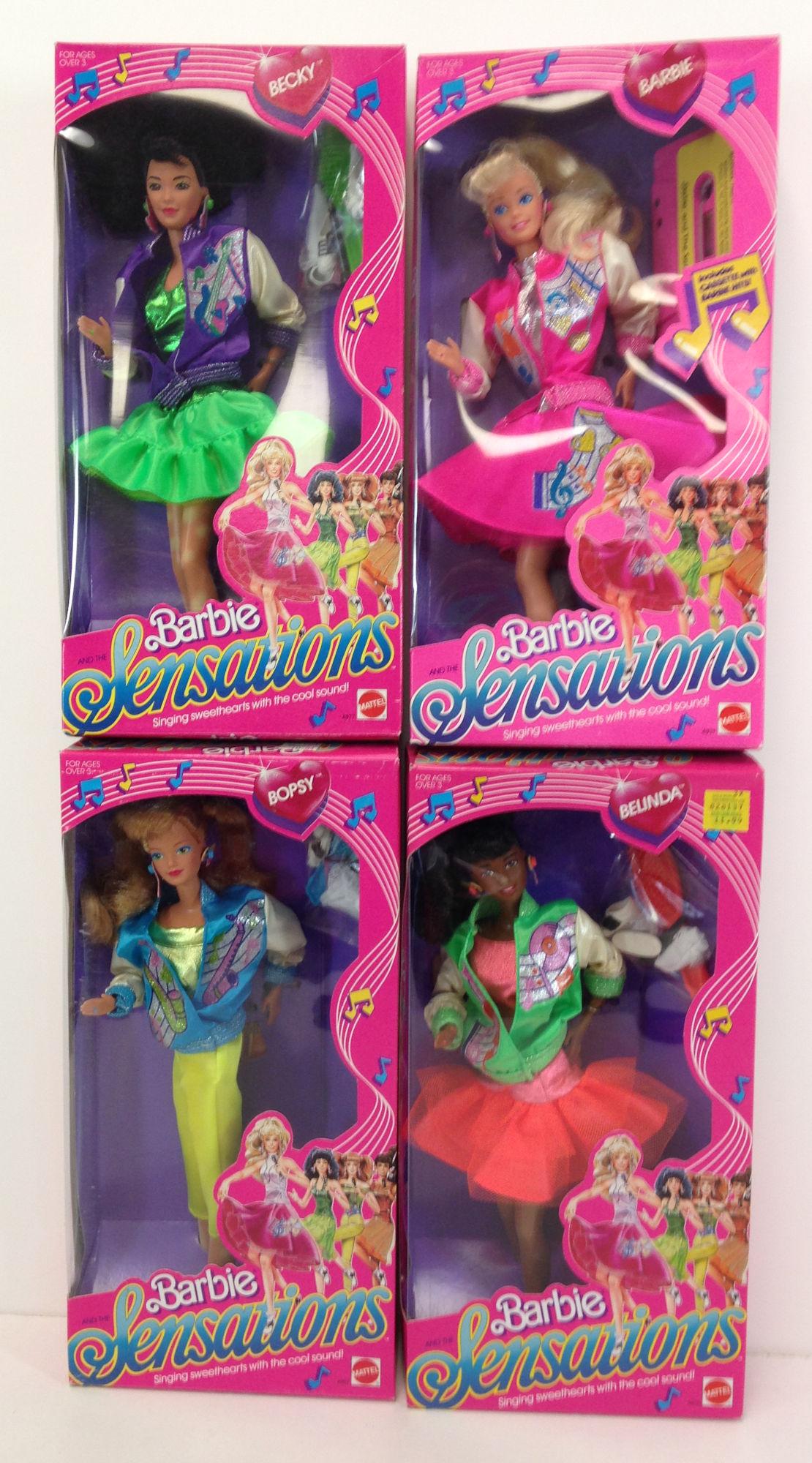 (4) NRFB VINTAGE "BARBIE AND THE SENSATIONS" INCLUDING: (4) NRFB VINTAGE "BARBIE AND THE SENSATIONS" INCLUDING BARBIE, BECKY, BOPSY AND BELINDA.