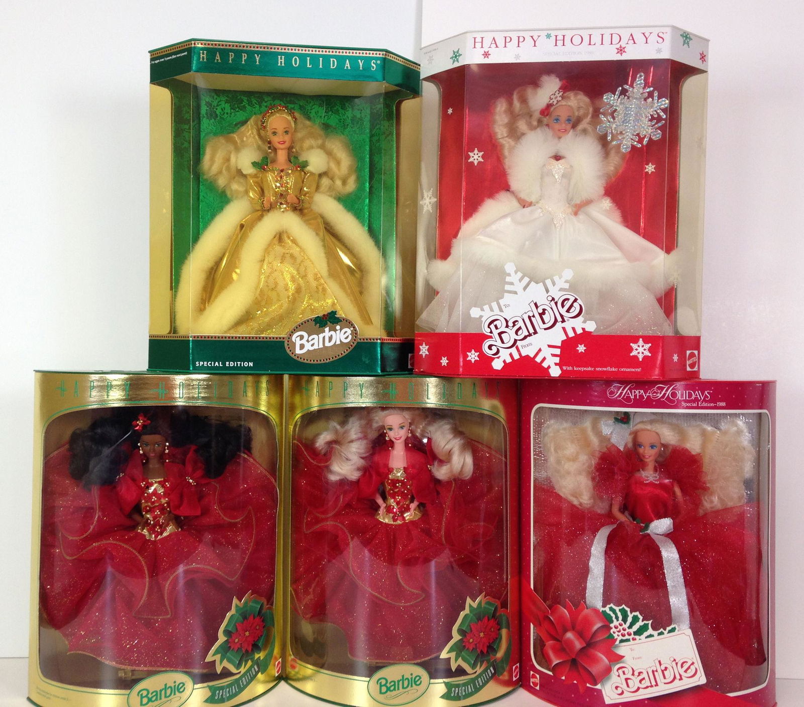 (5) NRFB "HAPPY HOLIDAYS" BARBIES INCLUDING 1988, 1989, (1 of 1)