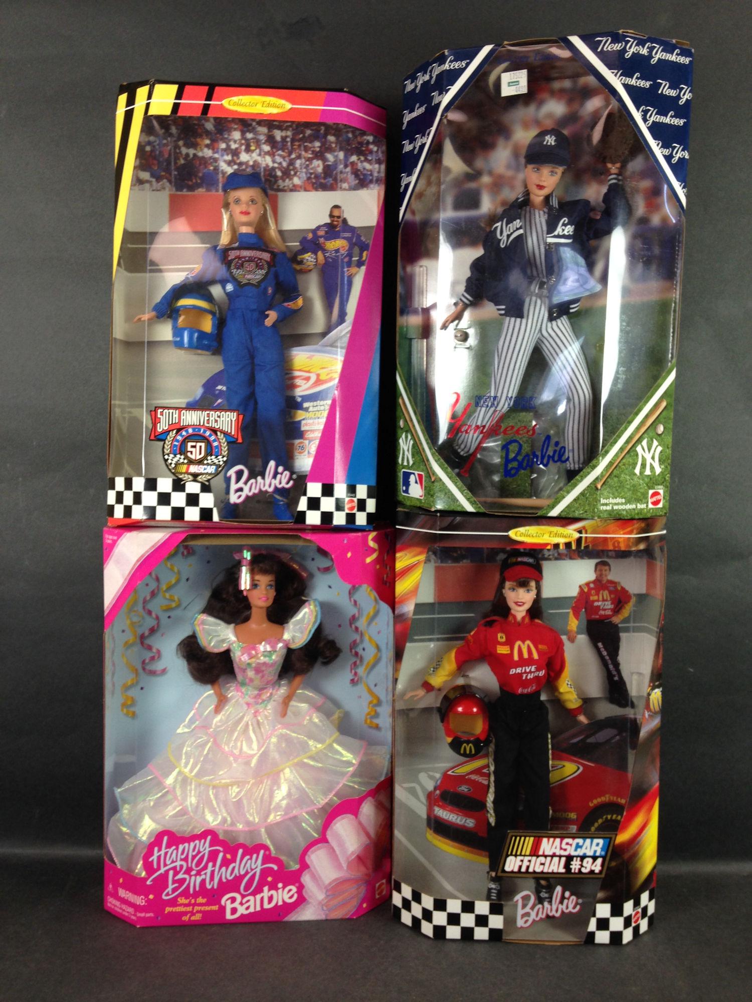 (4) NRFB BARBIES INCLUDING "NEW YORK YANKEES", "50TH (1 of 1)