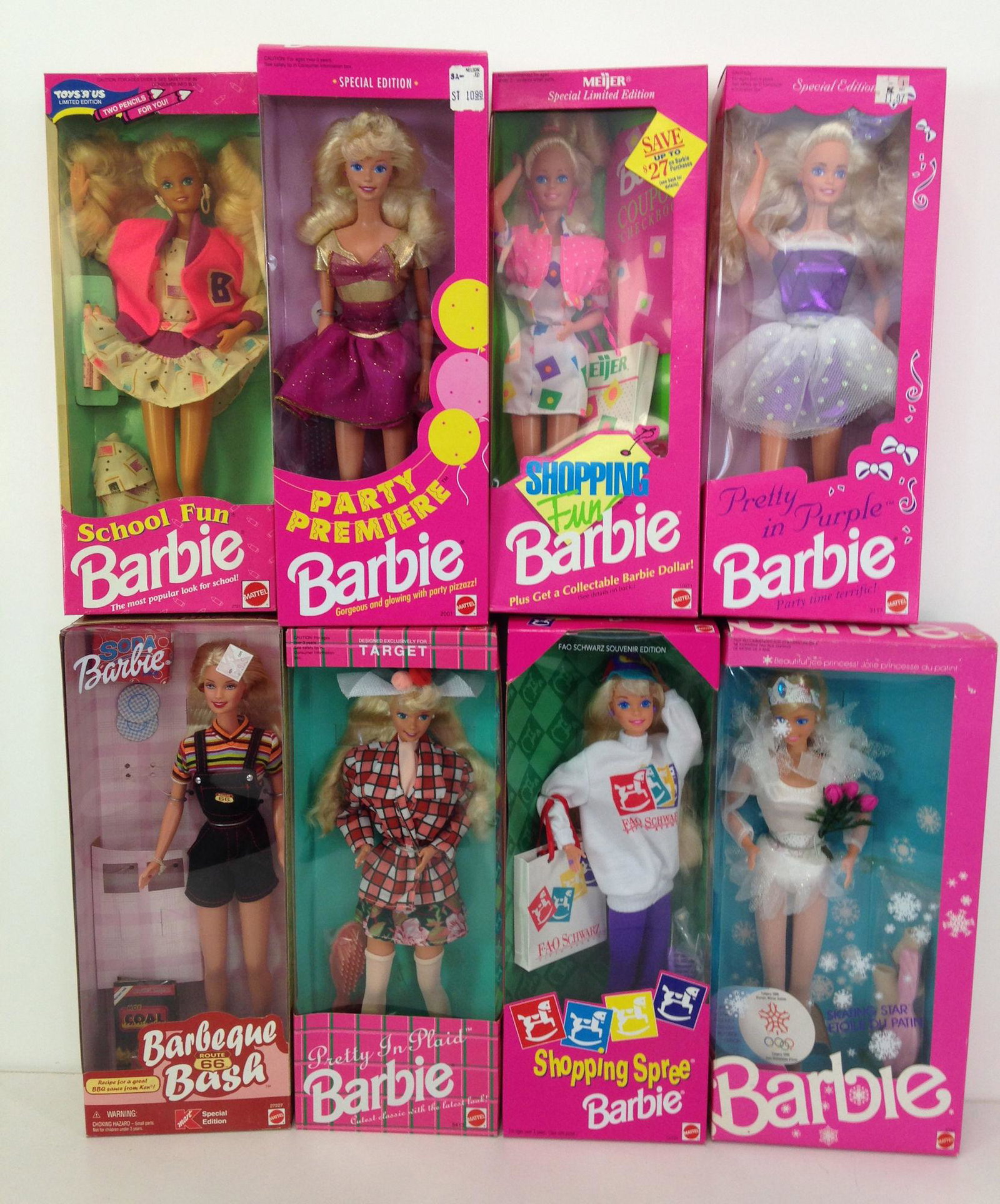 (8) NRFB BARBIES INCLUDING "BARBEQUE BASH", "PRETTY IN: (8) NRFB BARBIES INCLUDING "BARBEQUE BASH", "PRETTY IN PURPLE", "SHOPPING FUN", "SCHOOL FUN", "PARTY PREMIERE", "PRETTY IN PLAID", "SHOPPING SPREE" AND MATTEL CANADA "SKATING STAR".