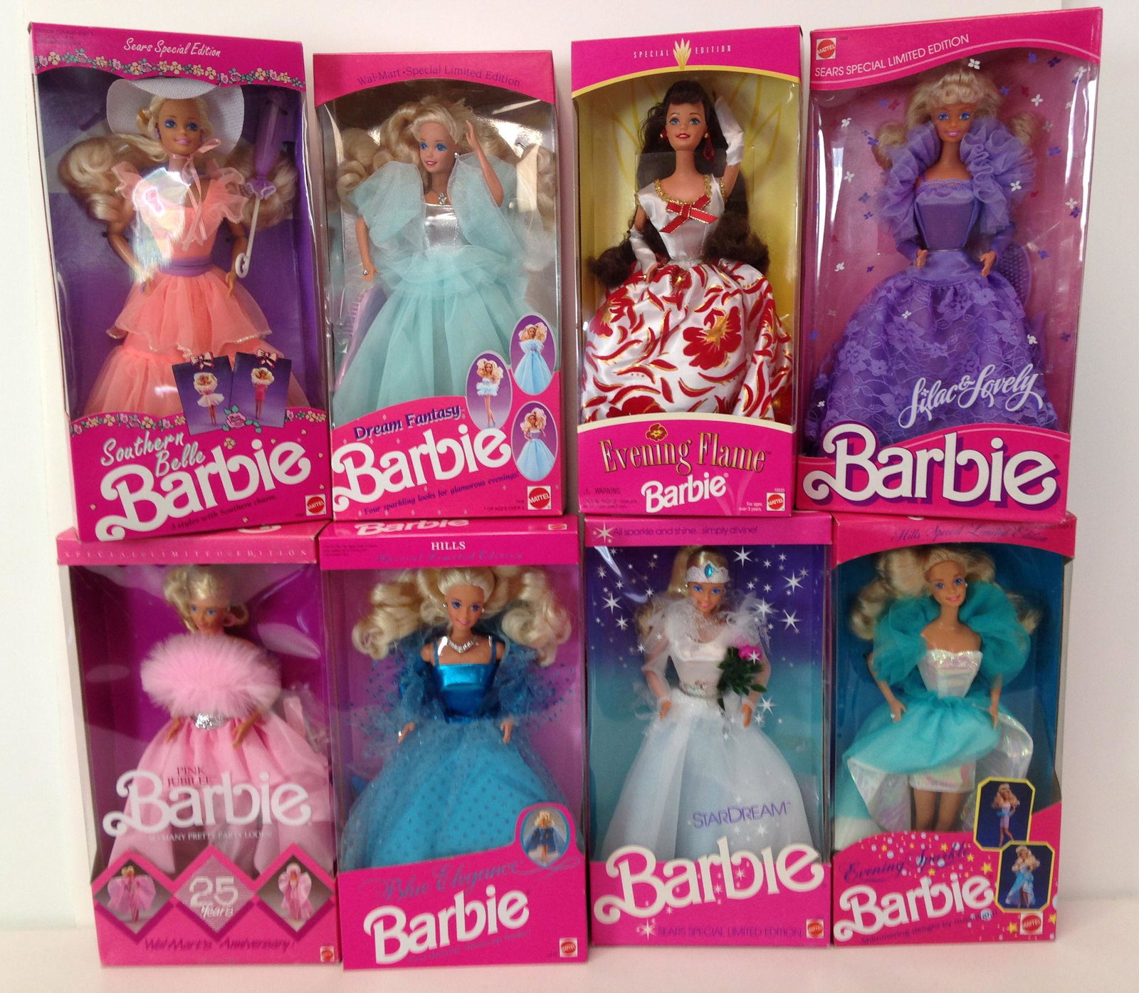 (8) NRFB BARBIES INCLUDING "SOUTHERN BELLE", "EVENING: (8) NRFB BARBIES INCLUDING "SOUTHERN BELLE", "EVENING SPARKLE","DREAM FANTASY", "STAR DREAM", "PINK JUBILEE", "LILAC & LOVELY, "EVENING FLAME" AND "BLUE ELEGANCE".