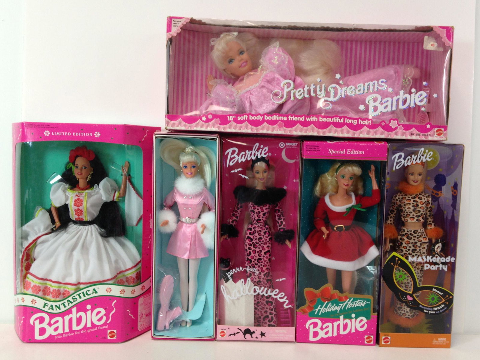 (6) NRFB BARBIES INCLUDING "MASKERADE PARTY",: (6) NRFB BARBIES INCLUDING "MASKERADE PARTY", "PERRR-FECTLY HALLOWEEN", "HOLIDAY HOSTESS", "WINTER DAZZLE", "PRETTY DREAMS" AND "FANTASTICA".