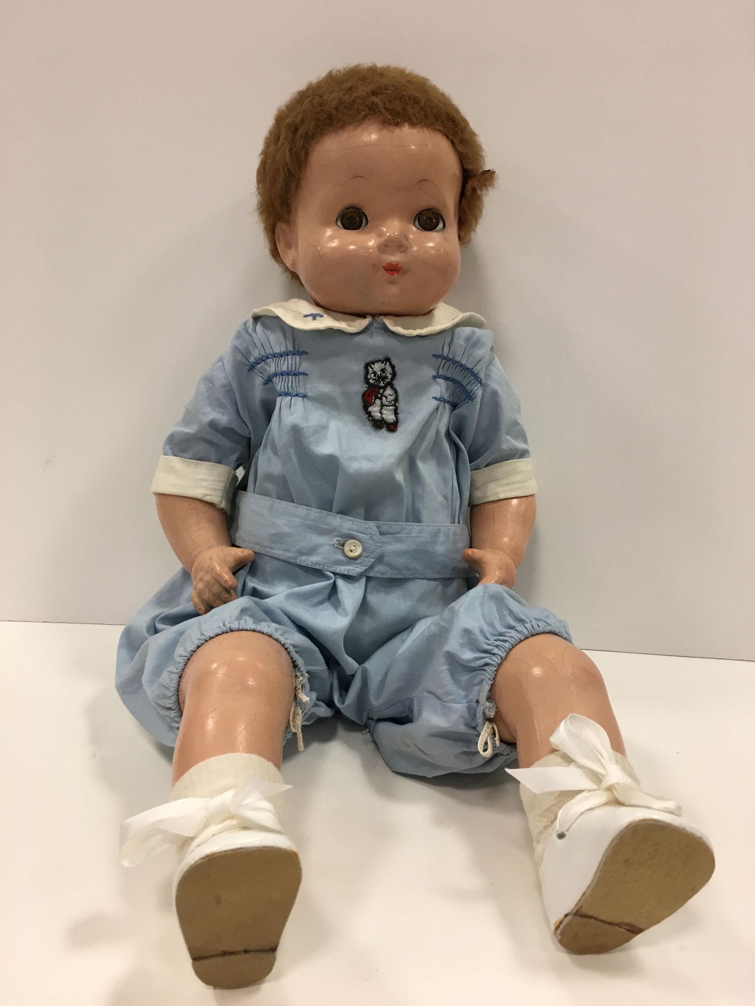 EFFANBEE COMPOSITION BABY WITH SKIN WIG AND FLIRTY: EFFANBEE COMPOSITION BABY WITH SKIN WIG AND FLIRTY EYES.