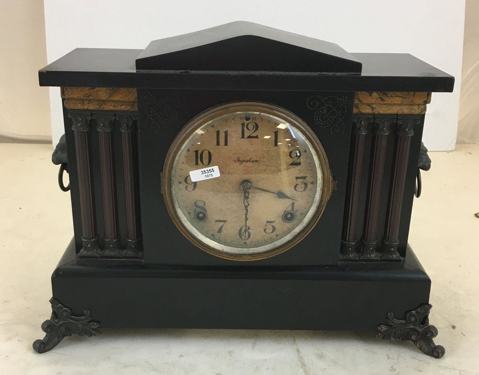 BLACK MANTLE CLOCK BY INGRAHAM, 11.5"H: BLACK MANTLE CLOCK BY INGRAHAM, 11.5"H