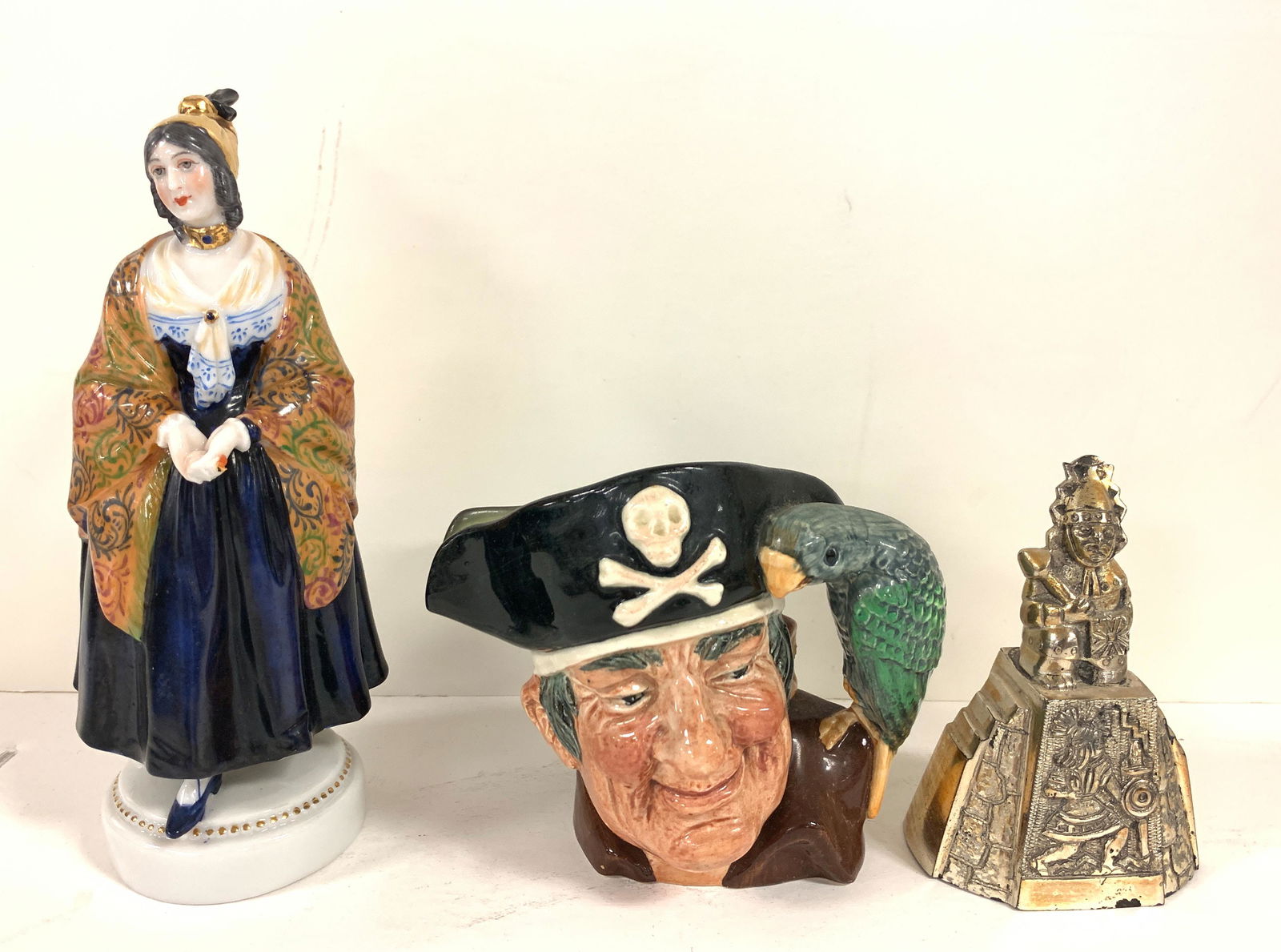 BOX LOT WITH CHINA FIGURINE OF LADY, ROYAL DOULTON: BOX LOT WITH CHINA FIGURINE OF LADY, ROYAL DOULTON "LONG JOHN SILVER" SMALL CHARACTER JUG AND METAL BELL