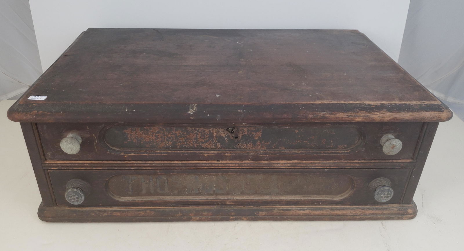 THOS. RUSSELL 2 DRAWER WALNUT THREAD CABINET, LABEL IN: THOS. RUSSELL 2 DRAWER WALNUT THREAD CABINET, LABEL IN BAD CONDITION, 22" X 14.5" X 7"