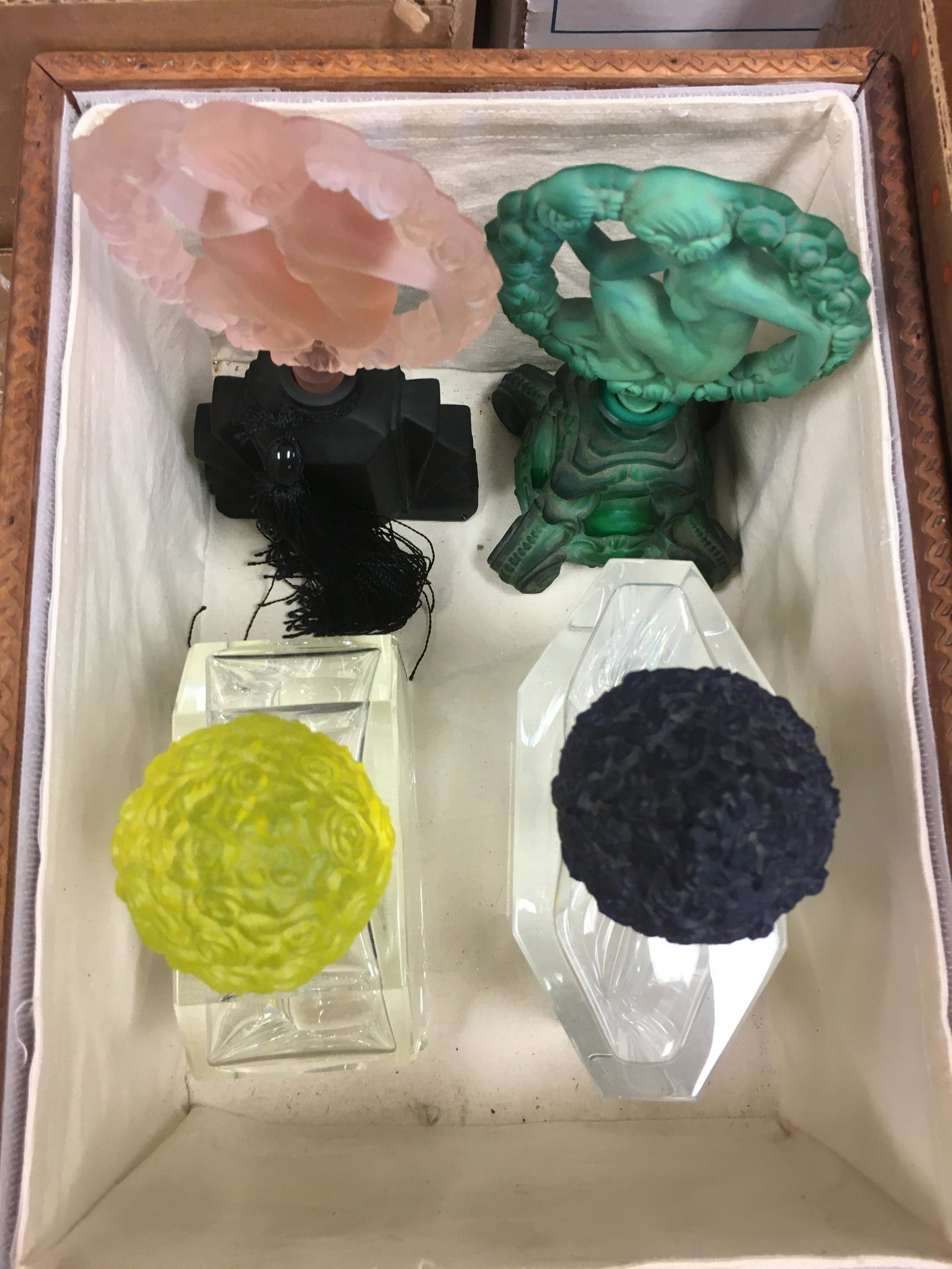 BOX LOT OF (4) LARGE PERFUME BOTTLES, INCLUDING (2): BOX LOT OF (4) LARGE PERFUME BOTTLES, INCLUDING (2) CZECH AND (2) WITH BEAUTIFUL CHILDREN STOPPERS